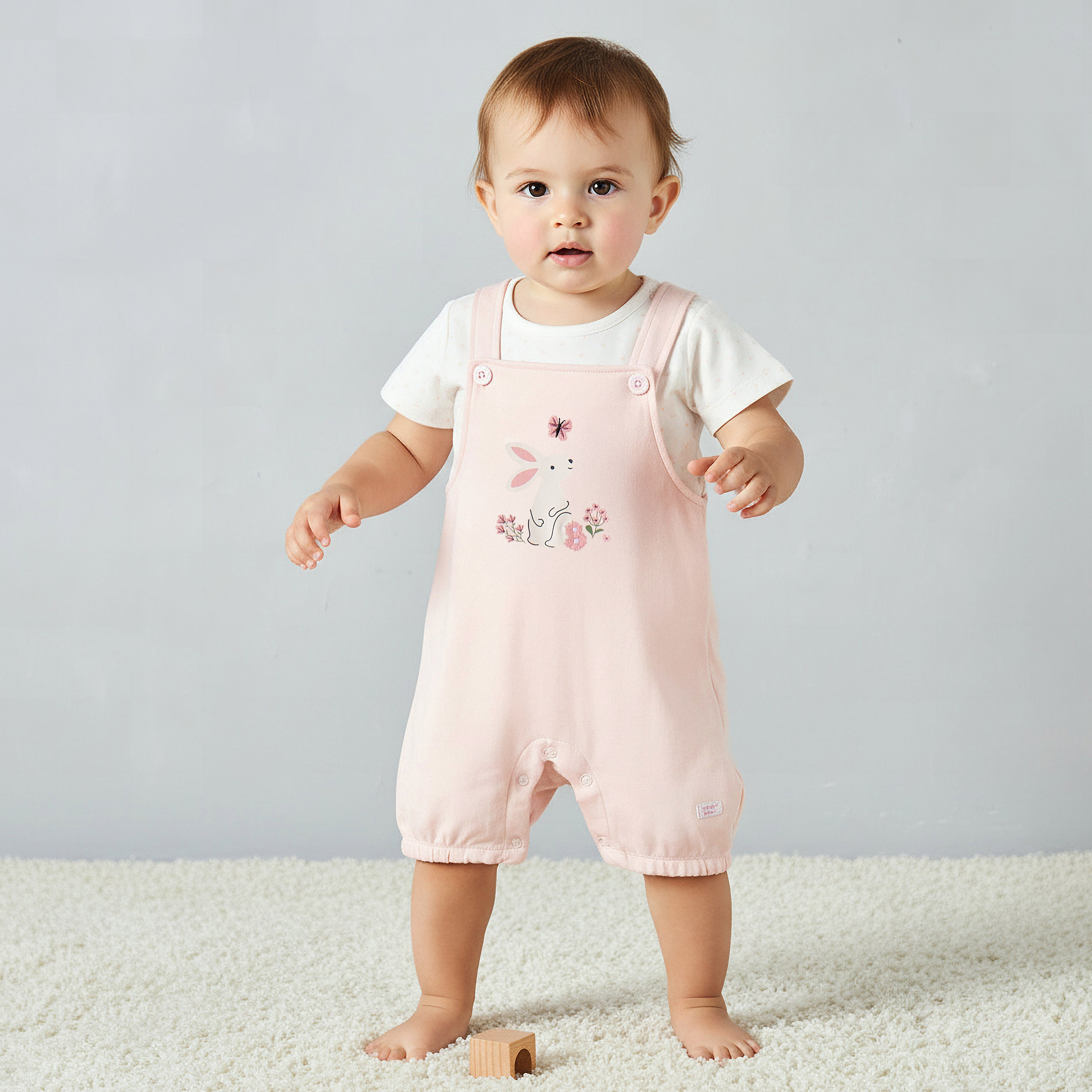 Juniors Short Sleeves T-shirt and Dungaree Set with Bunny Print-baby-girls-clothing-rompers-image-1