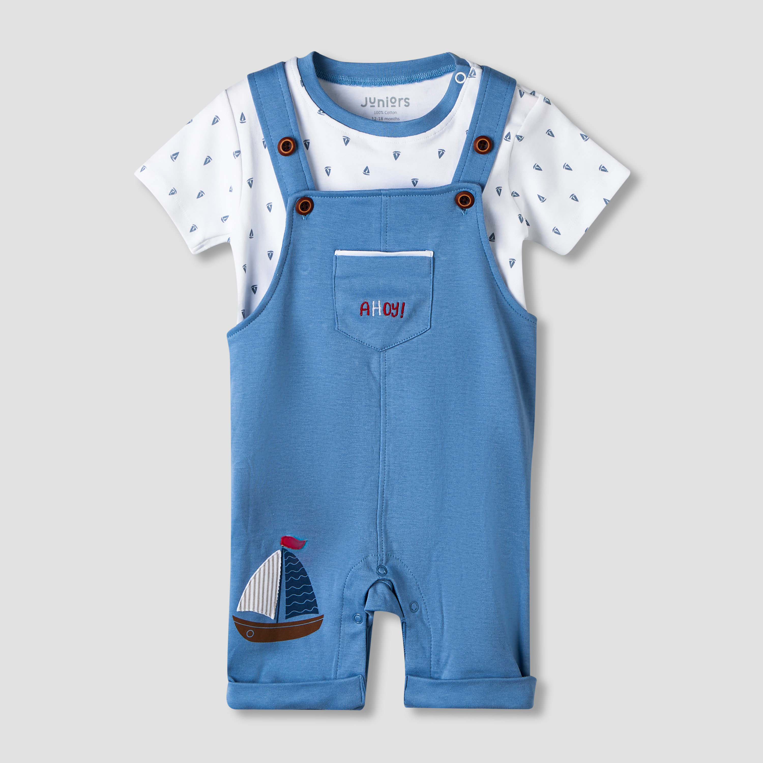 Juniors Short Sleeves T-shirt and Dungaree Set with Sailboat Print-baby-boys-clothing-setsandcoords-image-2