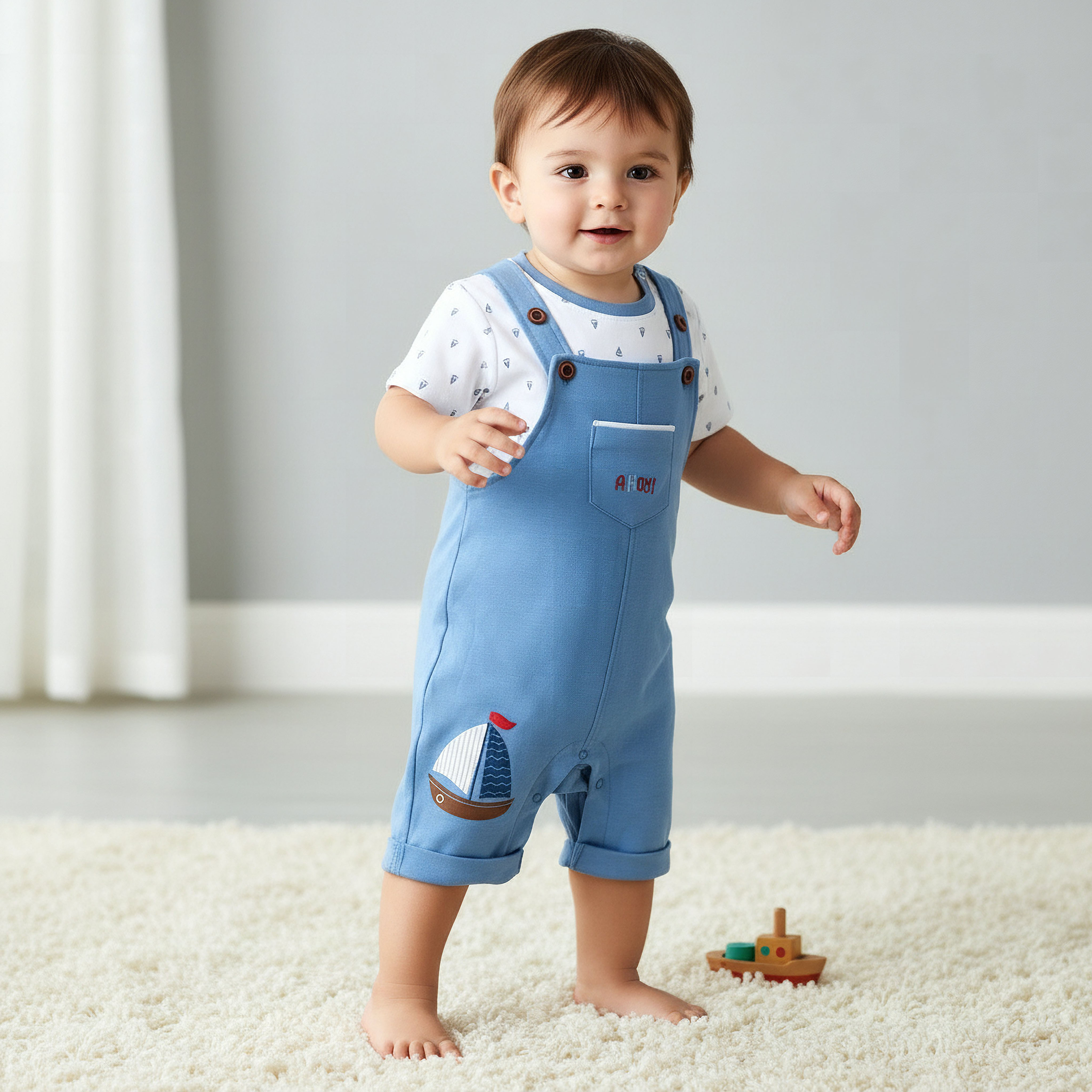 Juniors Short Sleeves T-shirt and Dungaree Set with Sailboat Print-baby-boys-clothing-setsandcoords-image-1