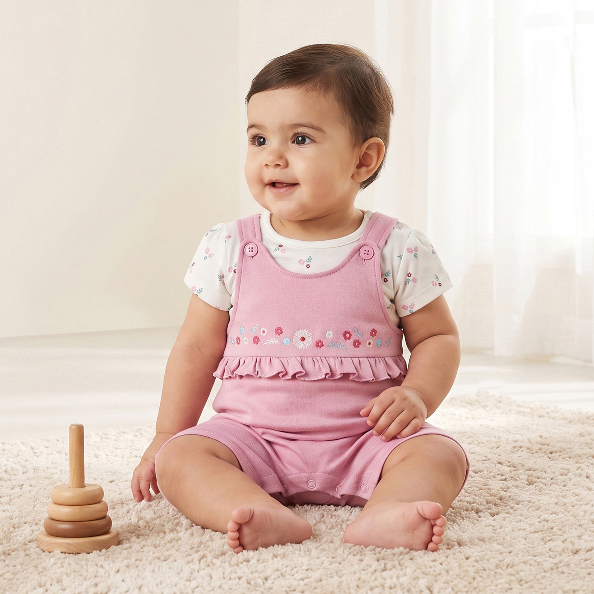 Juniors Round Neck Short Sleeves T-shirt and Dungaree Set with Floral Print-baby-girls-clothing-setsandcoords-image-1