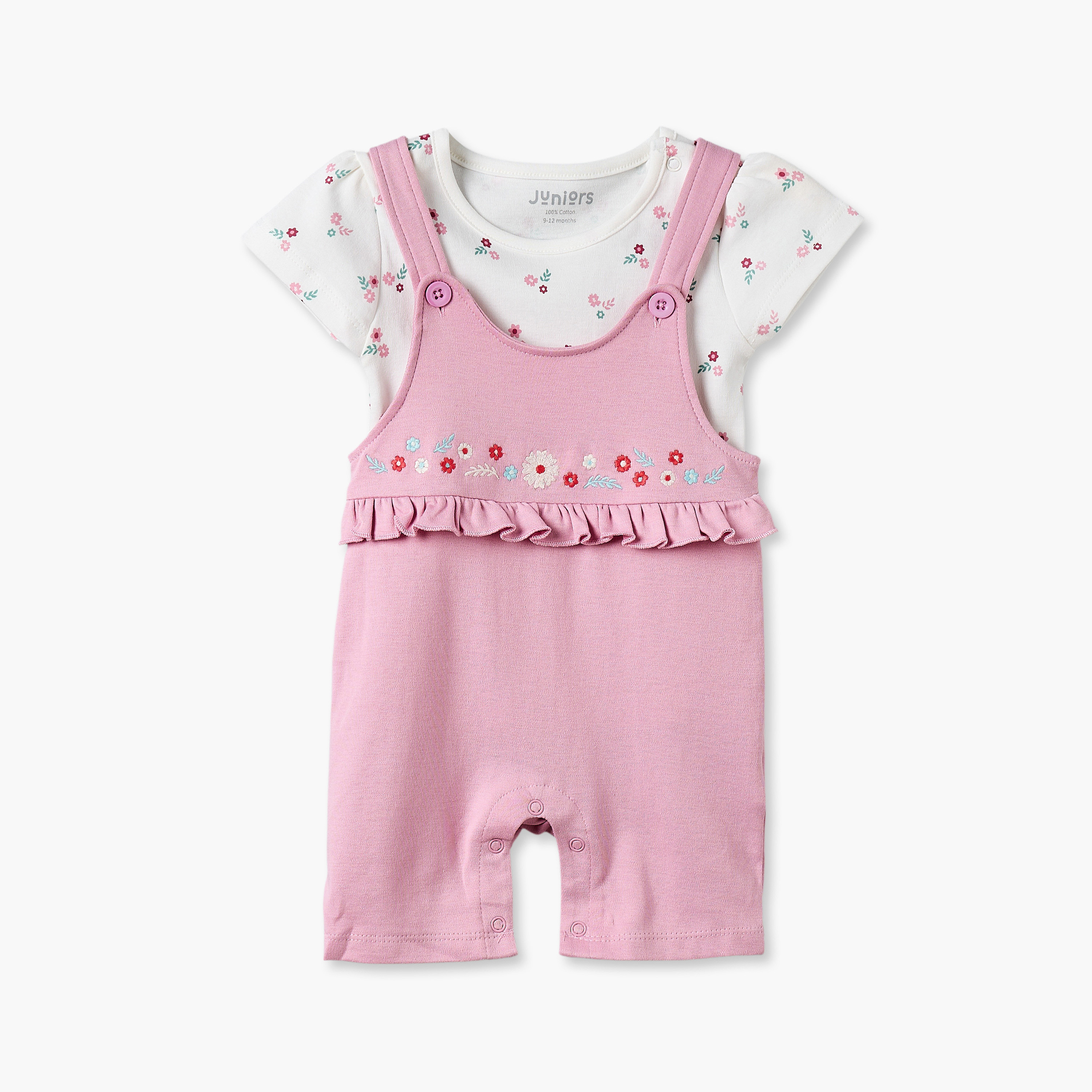 Juniors Round Neck Short Sleeves T-shirt and Dungaree Set with Floral Print-baby-girls-clothing-setsandcoords-image-2
