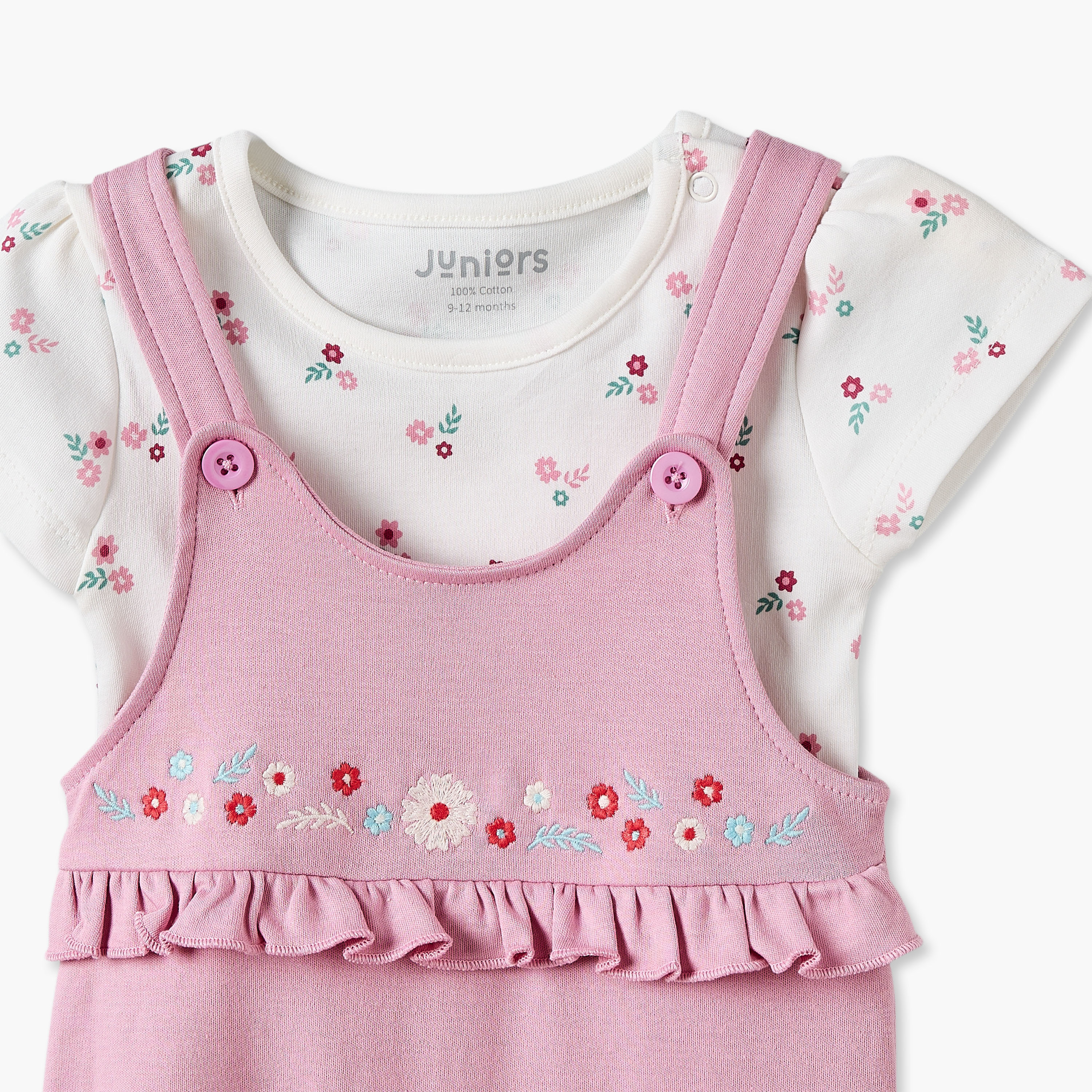 Juniors Round Neck Short Sleeves T-shirt and Dungaree Set with Floral Print-baby-girls-clothing-setsandcoords-image-5