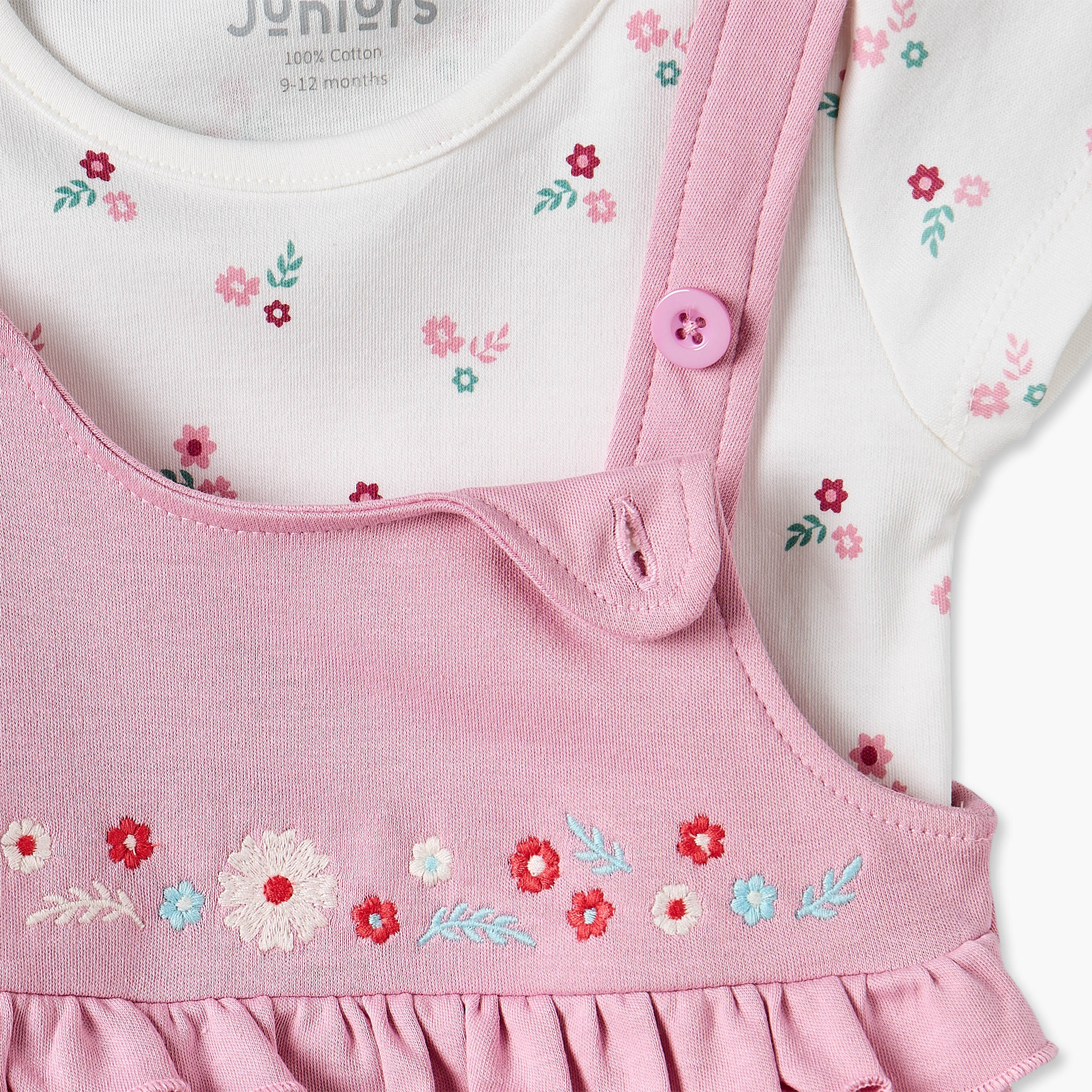 Juniors Round Neck Short Sleeves T-shirt and Dungaree Set with Floral Print-baby-girls-clothing-setsandcoords-image-6