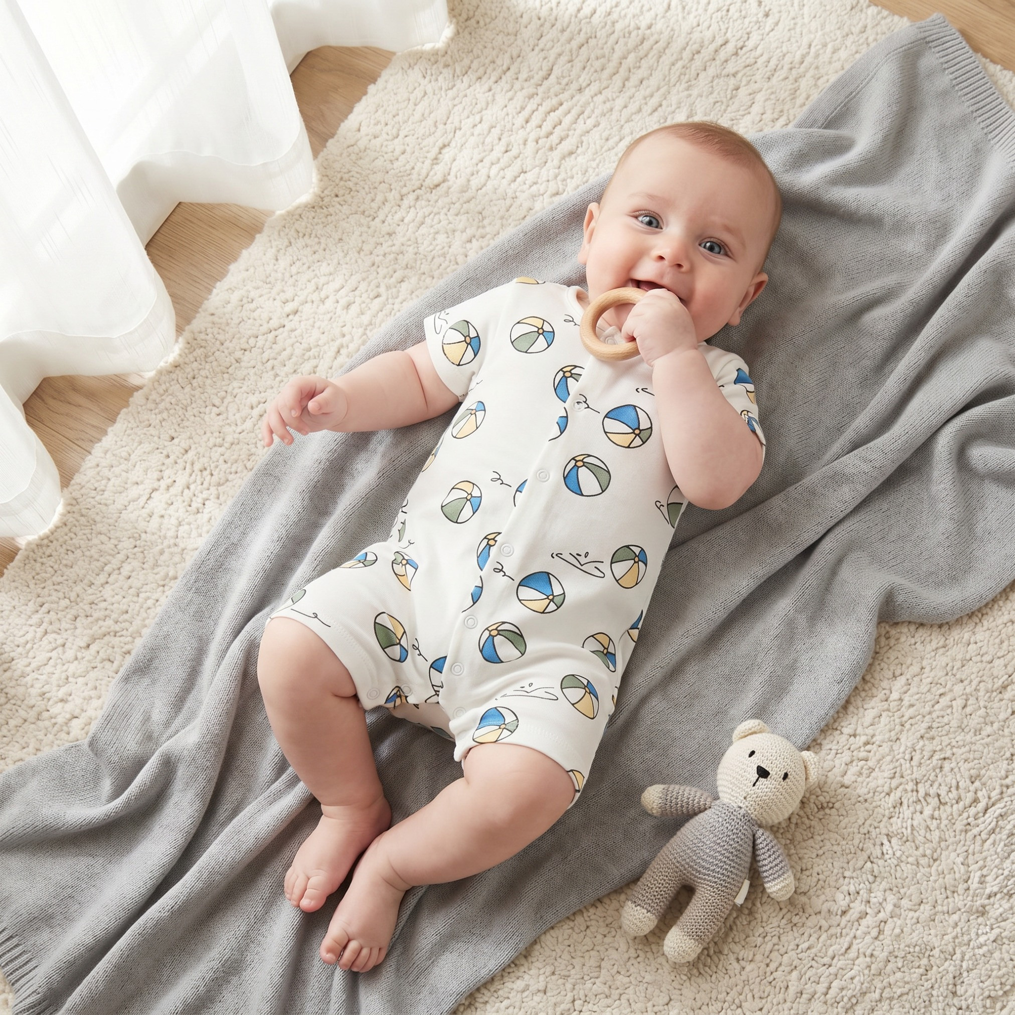 Juniors Round Neck Short Sleeves Romper with Ball Print-baby-boys-clothing-rompers-image-3