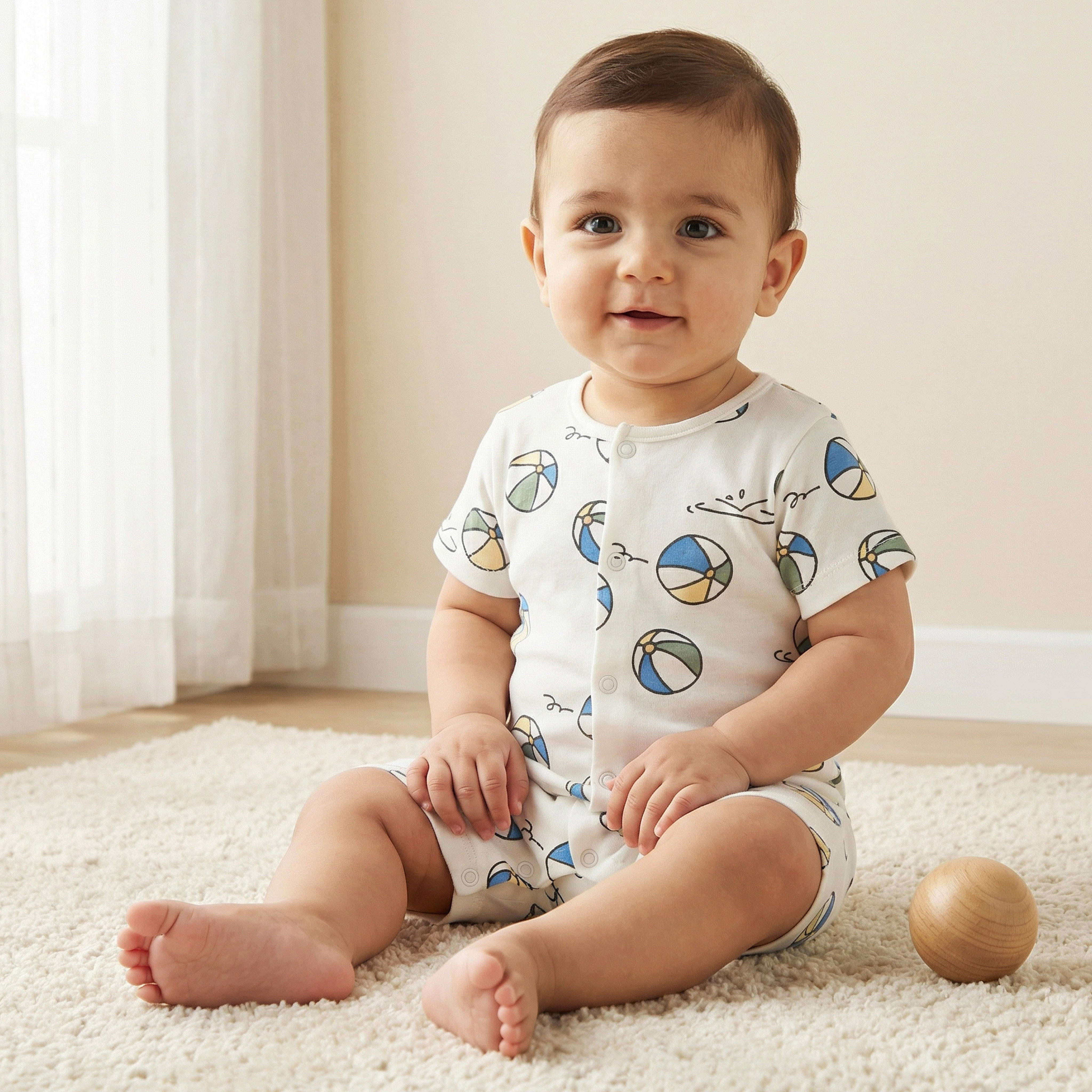 Juniors Round Neck Short Sleeves Romper with Ball Print-baby-boys-clothing-rompers-image-1