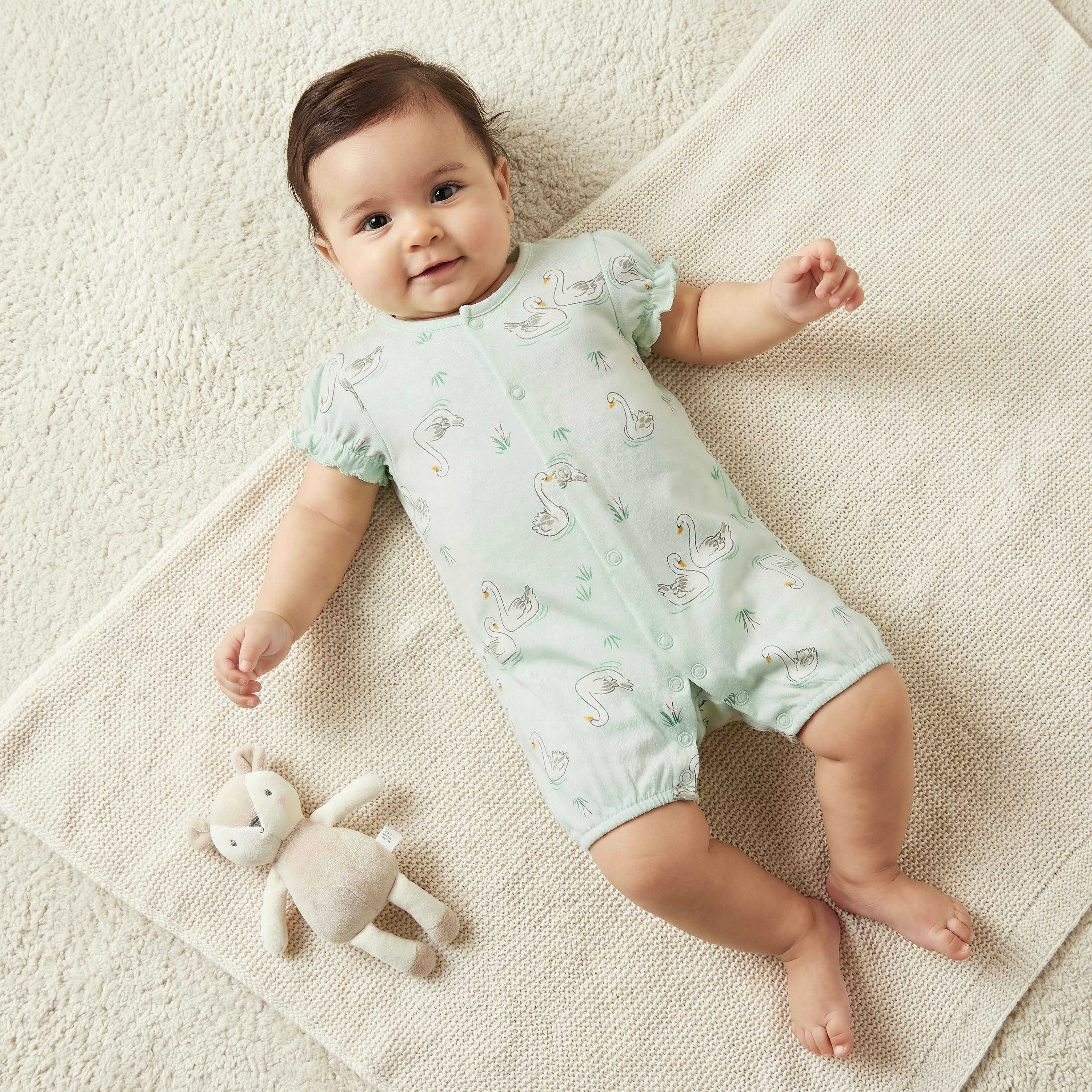 Juniors Round Neck Short Sleeves Romper with Swan Print-baby-girls-clothing-rompers-image-1