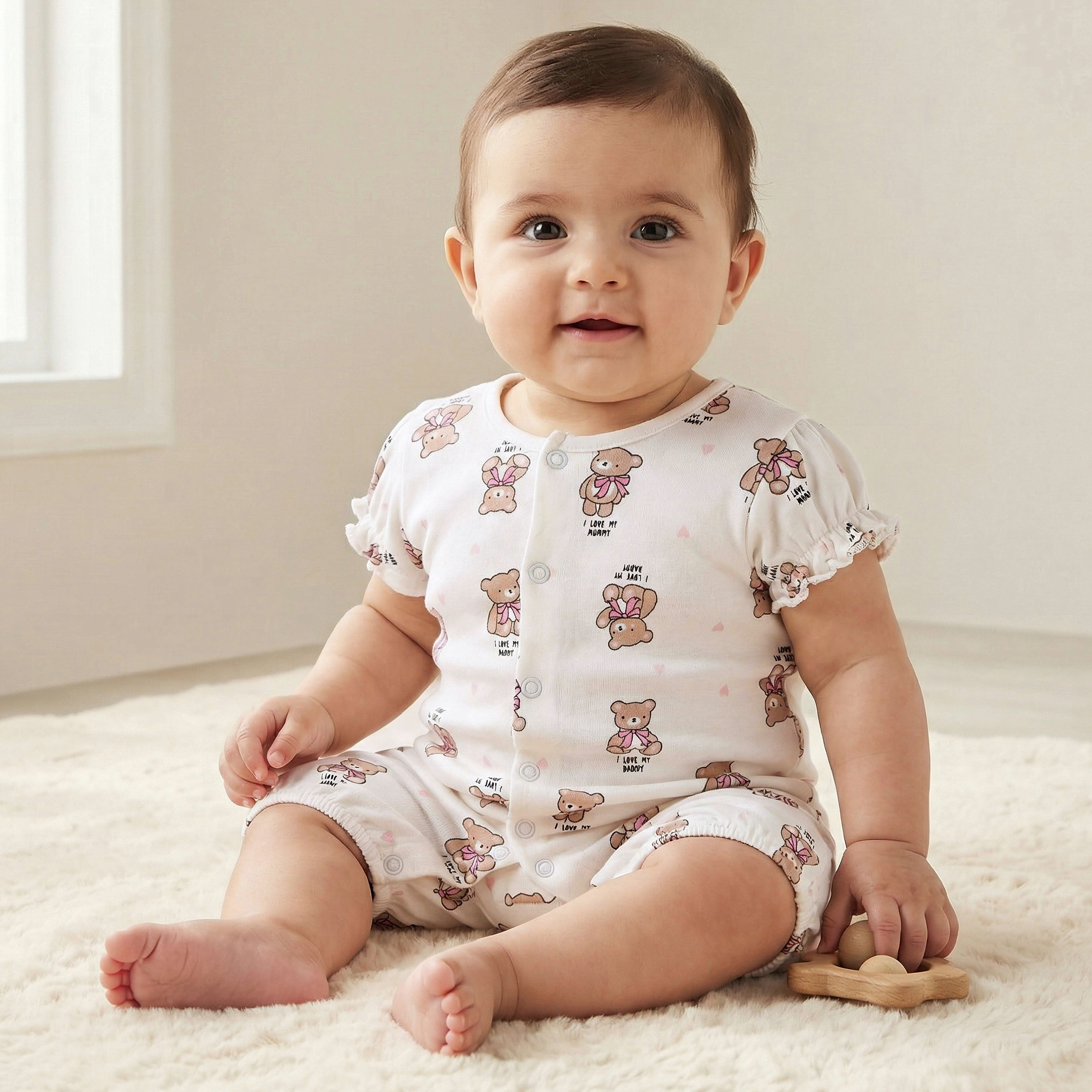 Juniors Round Neck Short Sleeve Romper with Teddy Bear Print-baby-girls-clothing-rompers-image-1