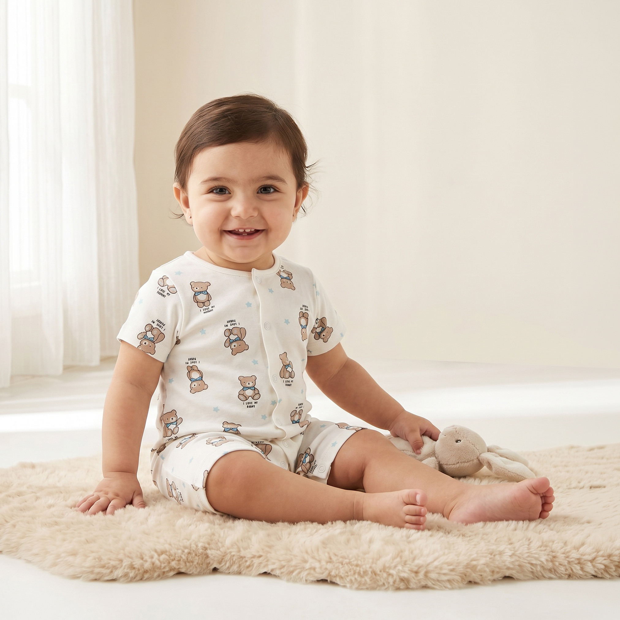 Juniors Crew Neck Short Sleeves Romper with Bear Print-baby-boys-clothing-rompers-image-1