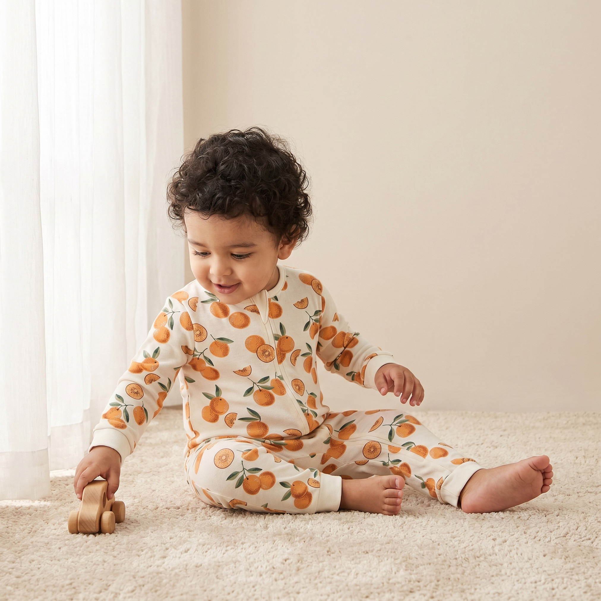 Juniors Cotton Crew Neck Long Sleeves Sleepsuit with Orange Print-baby-girls-clothing-nightwear-sleepsuits-image-1