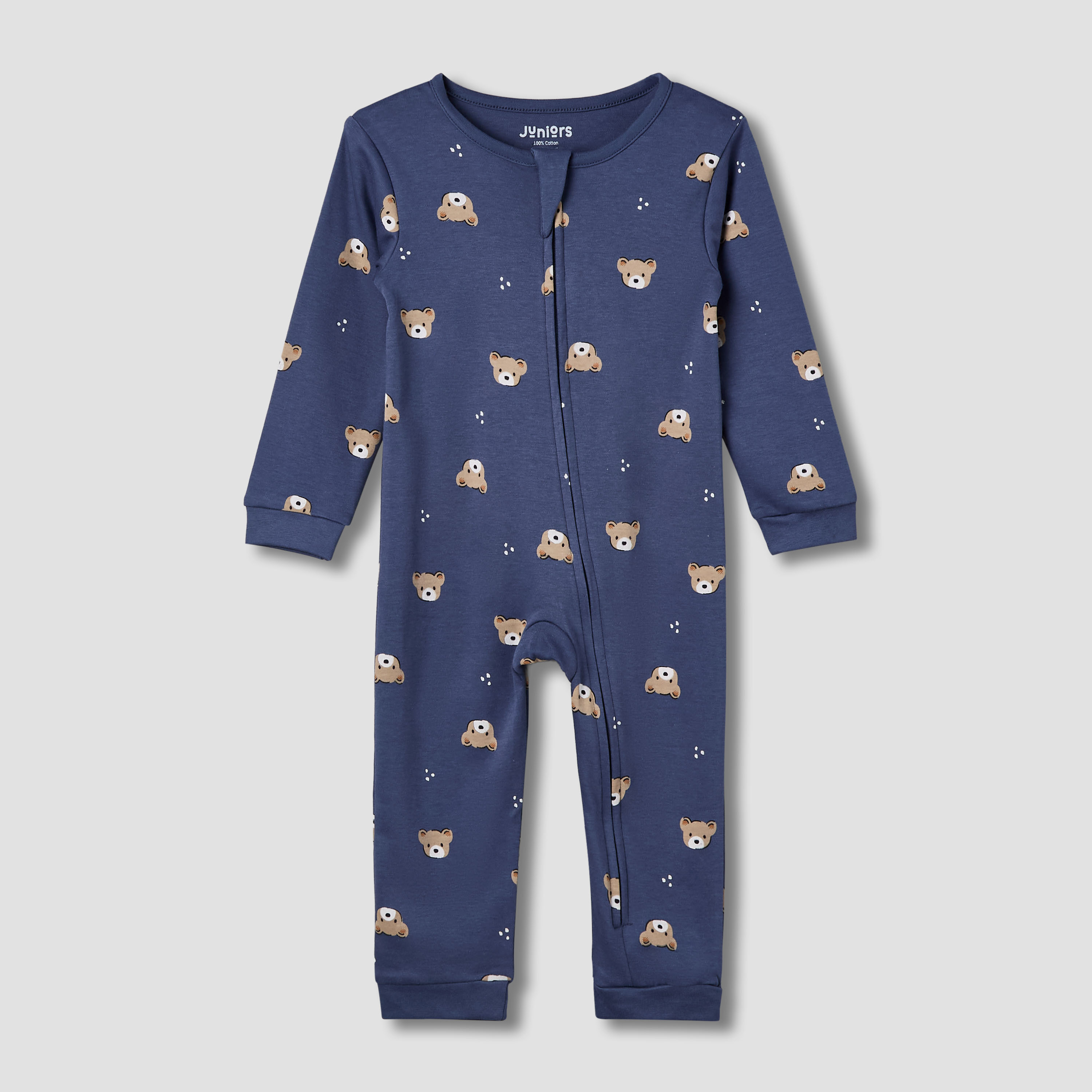 Juniors Cotton Round Neck Long Sleeve Sleepsuit with Zip Closure-baby-boys-clothing-nightwear-sleepsuits-image-1