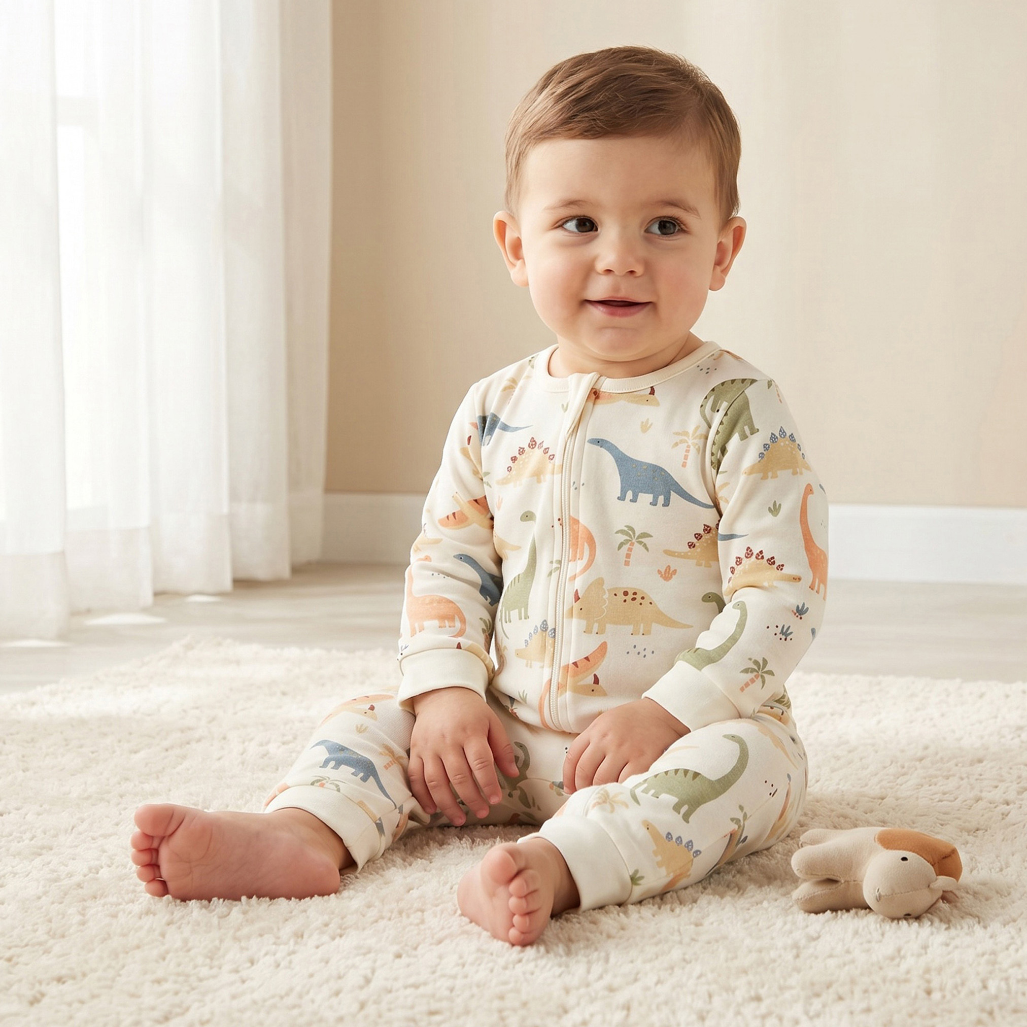 بدلة نوم قطن بطبعات ديناصور وياقة ضيقة وأكمام طويلة من جونيورز-baby-boys-clothing-nightwear-sleepsuits-image-1