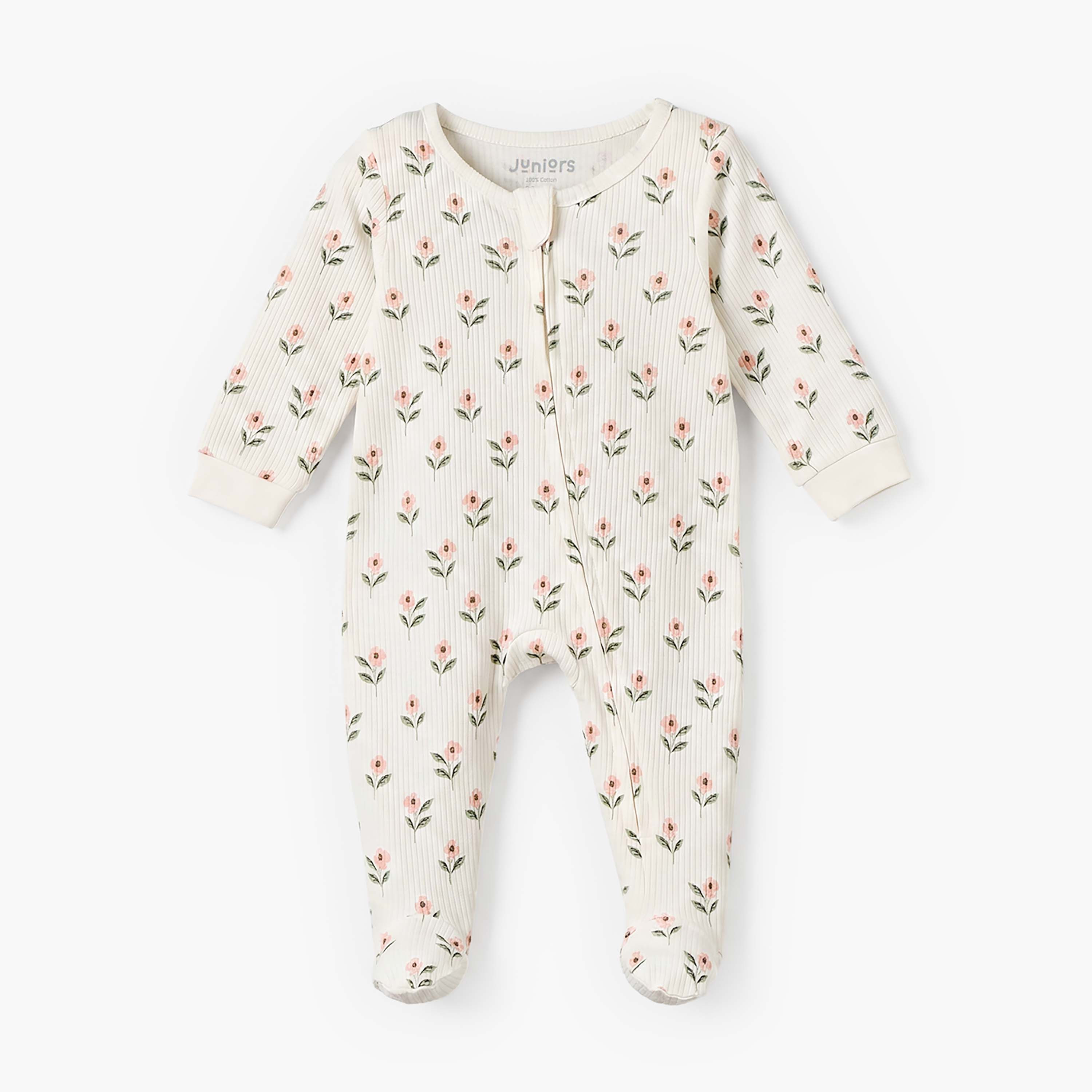 بدلة نوم قطن برقبة مستديرة وأكمام طويلة وطبعات زهرية من جونيورز-baby-girls-clothing-nightwear-sleepsuits-image-1