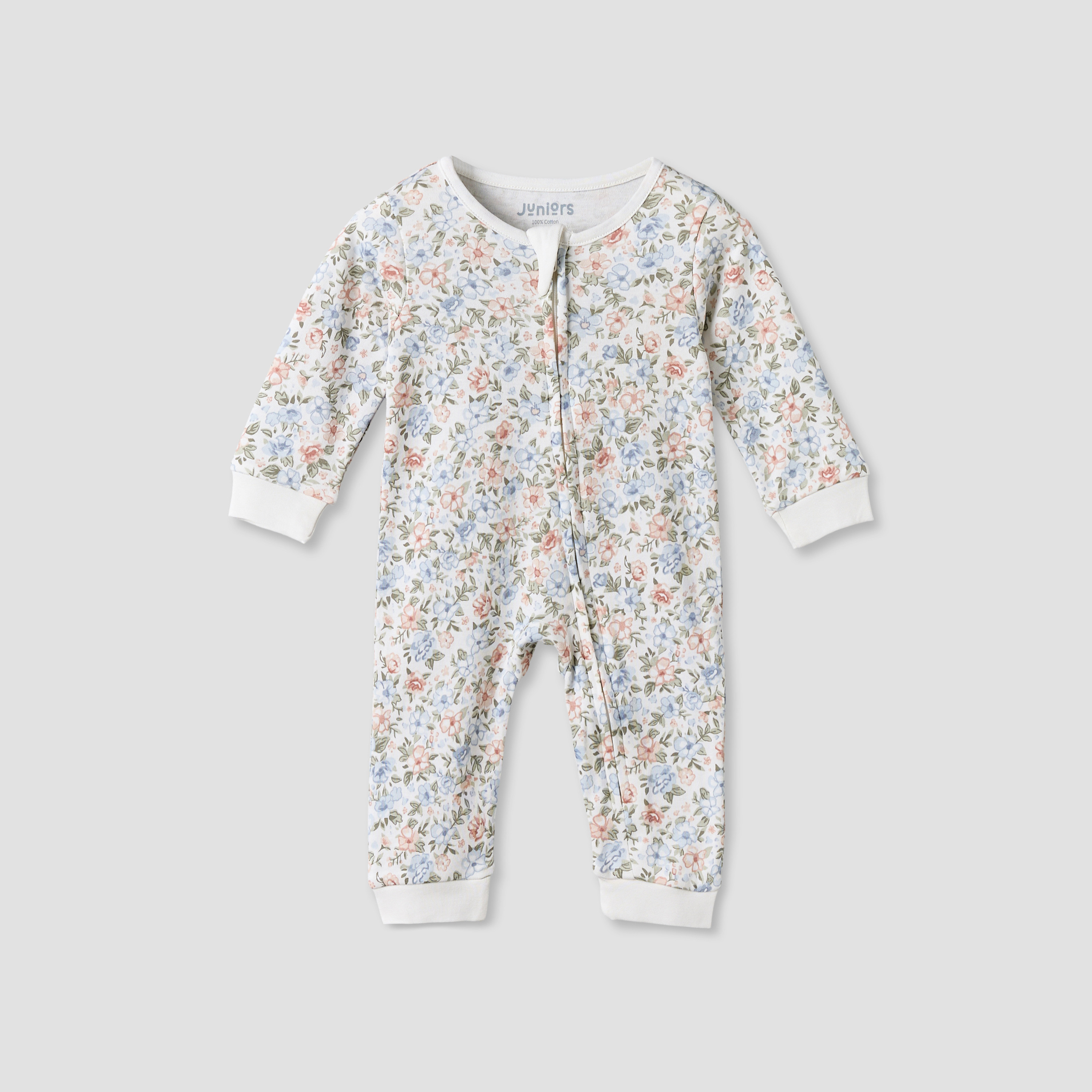 Juniors Cotton Round Neck Long Sleeves Sleepsuit with Floral Print-baby-girls-clothing-nightwear-sleepsuits-image-1