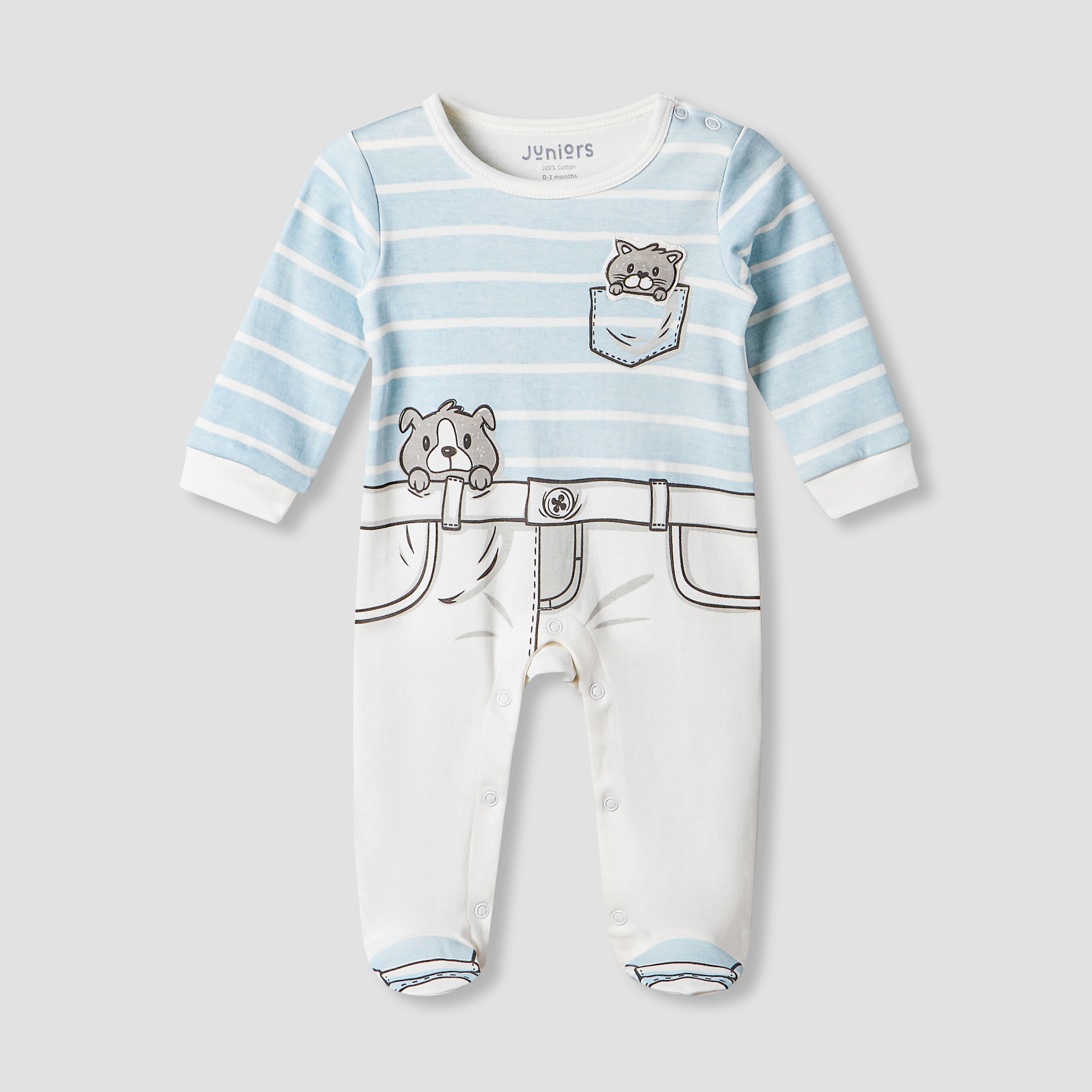 Juniors Cotton Round Neck Long Sleeves Sleepsuit with Applique Detail-baby-boys-clothing-nightwear-sleepsuits-image-2