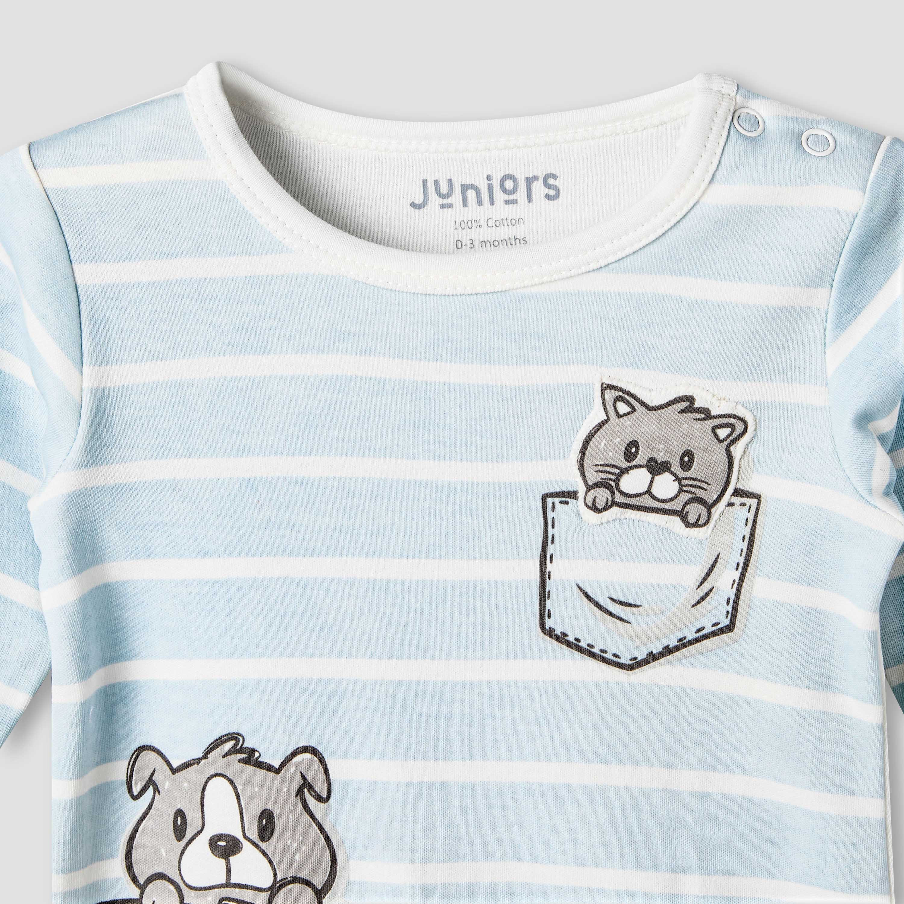 Juniors Cotton Round Neck Long Sleeves Sleepsuit with Applique Detail-baby-boys-clothing-nightwear-sleepsuits-image-4