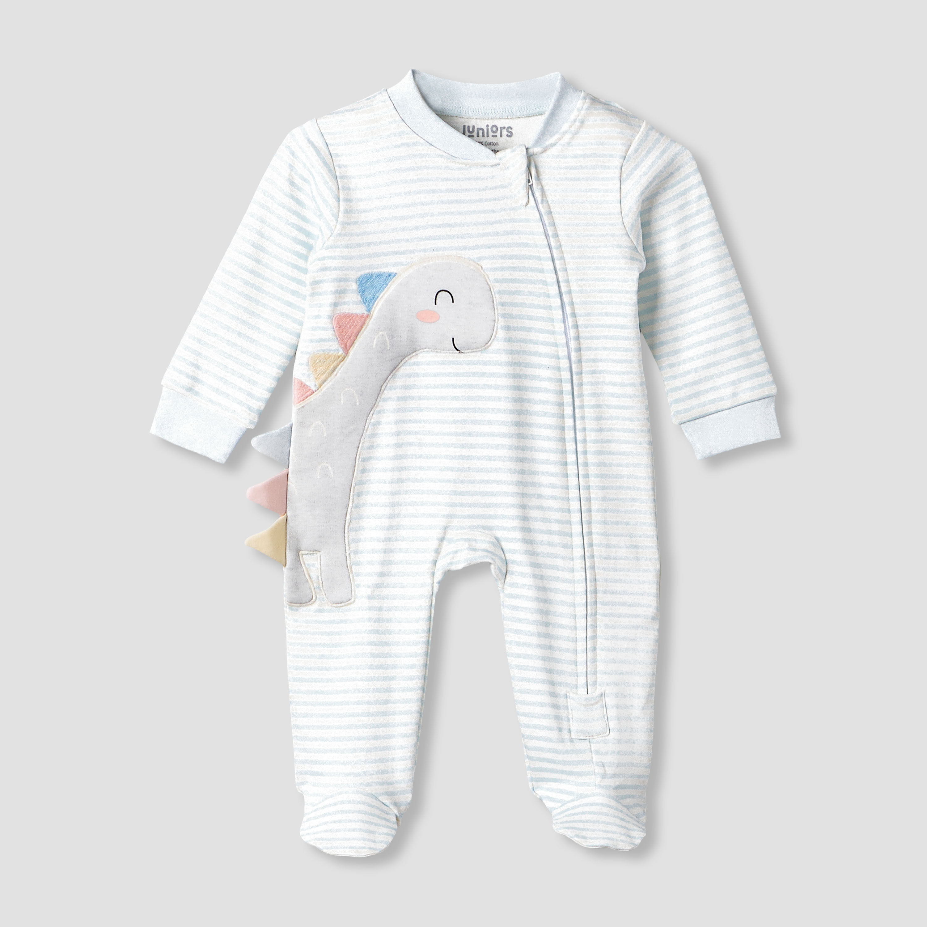Juniors Cotton Mandarin Collar Long Sleeves Sleepsuit with Dinosaur Applique-baby-girls-clothing-nightwear-sleepsuits-image-2
