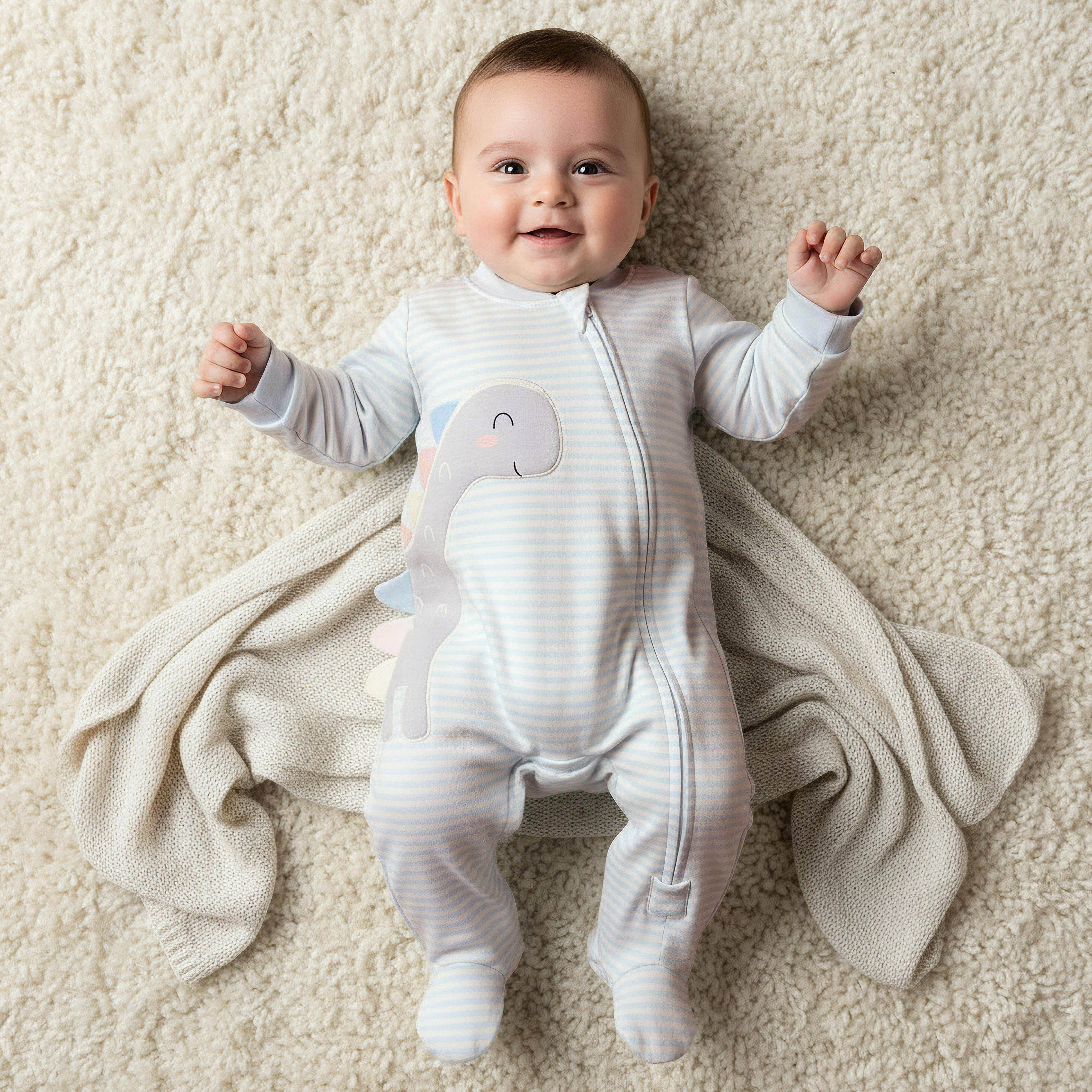 Juniors Cotton Mandarin Collar Long Sleeves Sleepsuit with Dinosaur Applique-baby-girls-clothing-nightwear-sleepsuits-image-1