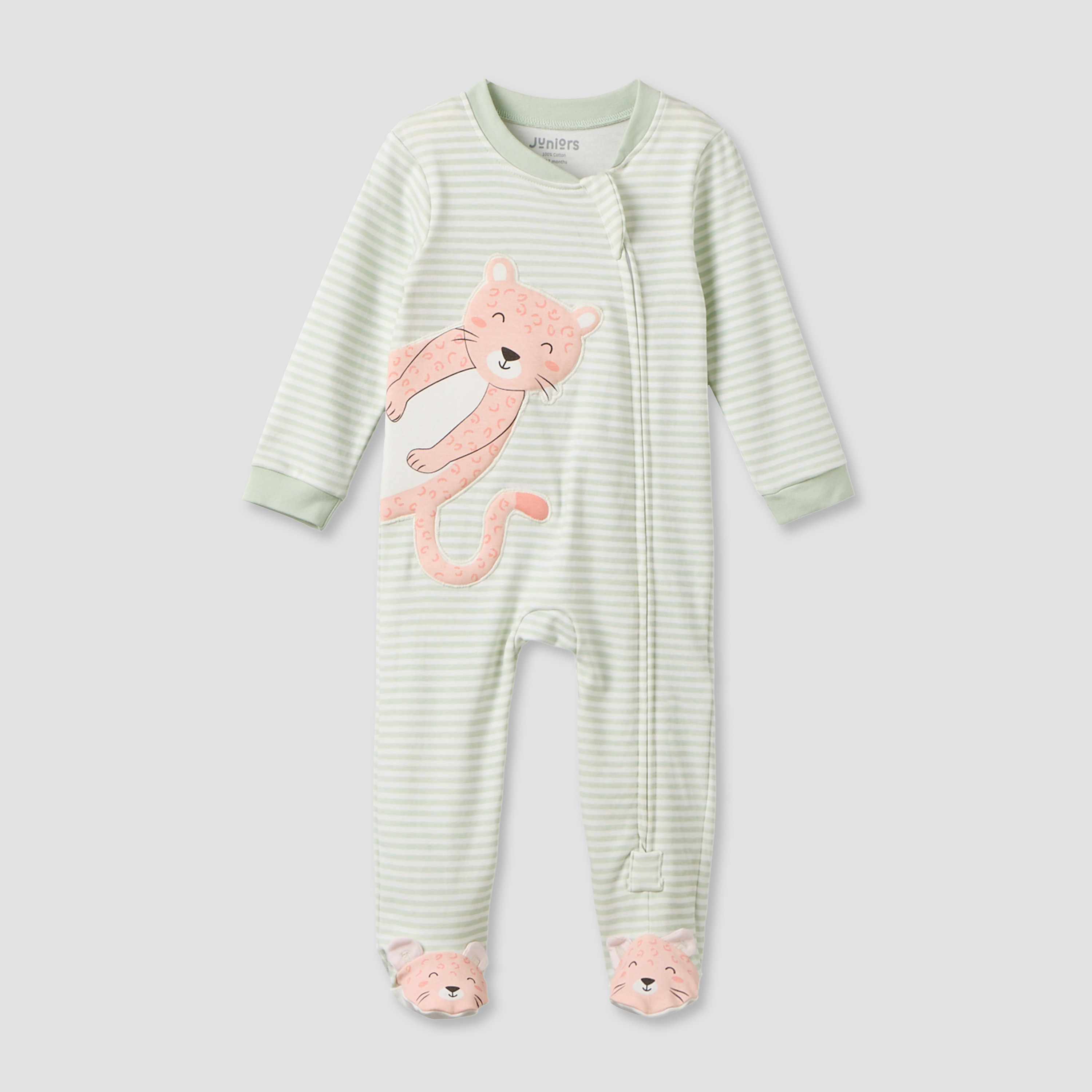 Juniors Cotton Mandarin Collar Long Sleeves Sleepsuit with Zip Closure-baby-girls-clothing-nightwear-sleepsuits-image-2