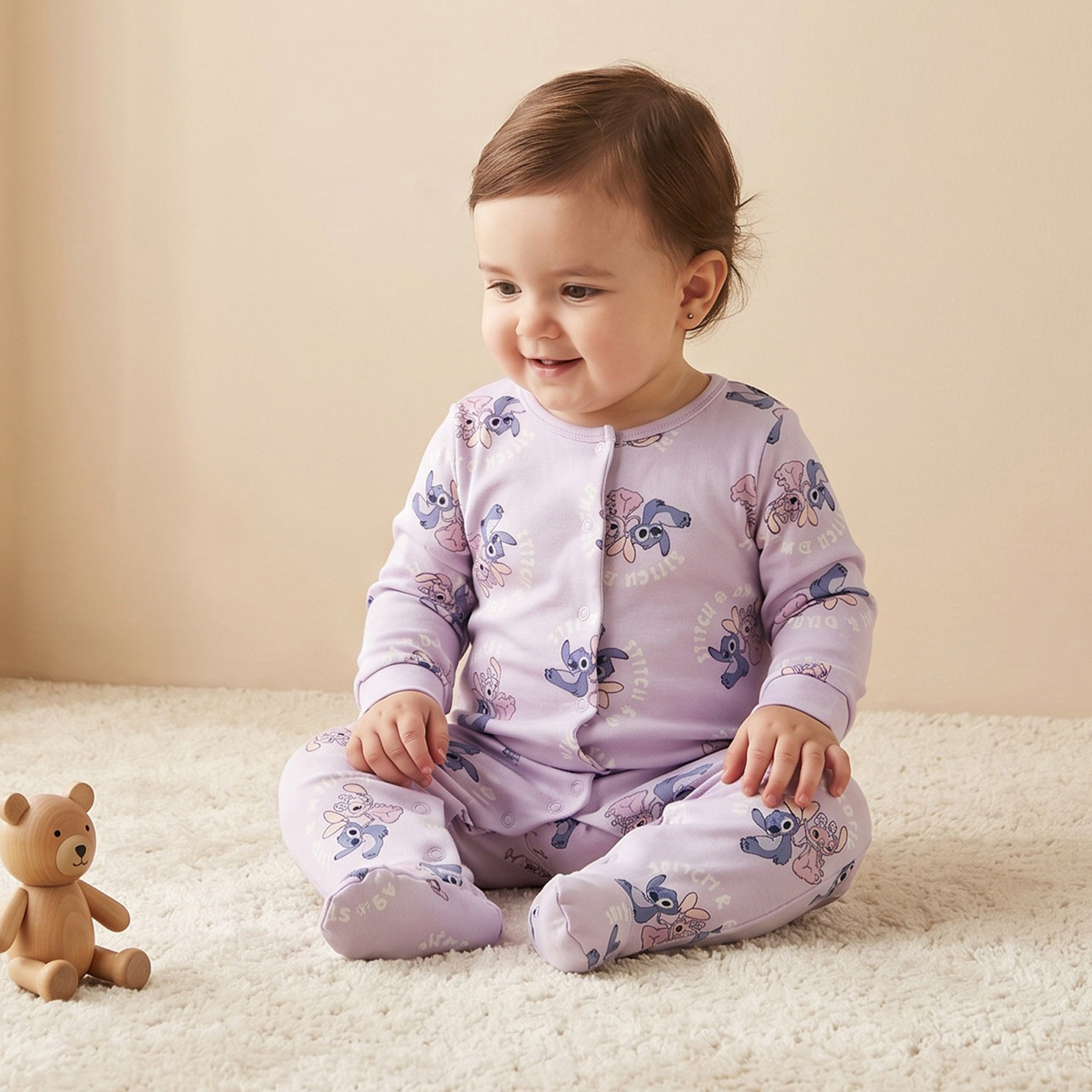 Disney Cotton Round Neck Long Sleeves Sleepsuit with Stitch and Angel Print-baby-girls-clothing-nightwear-sleepsuits-image-1