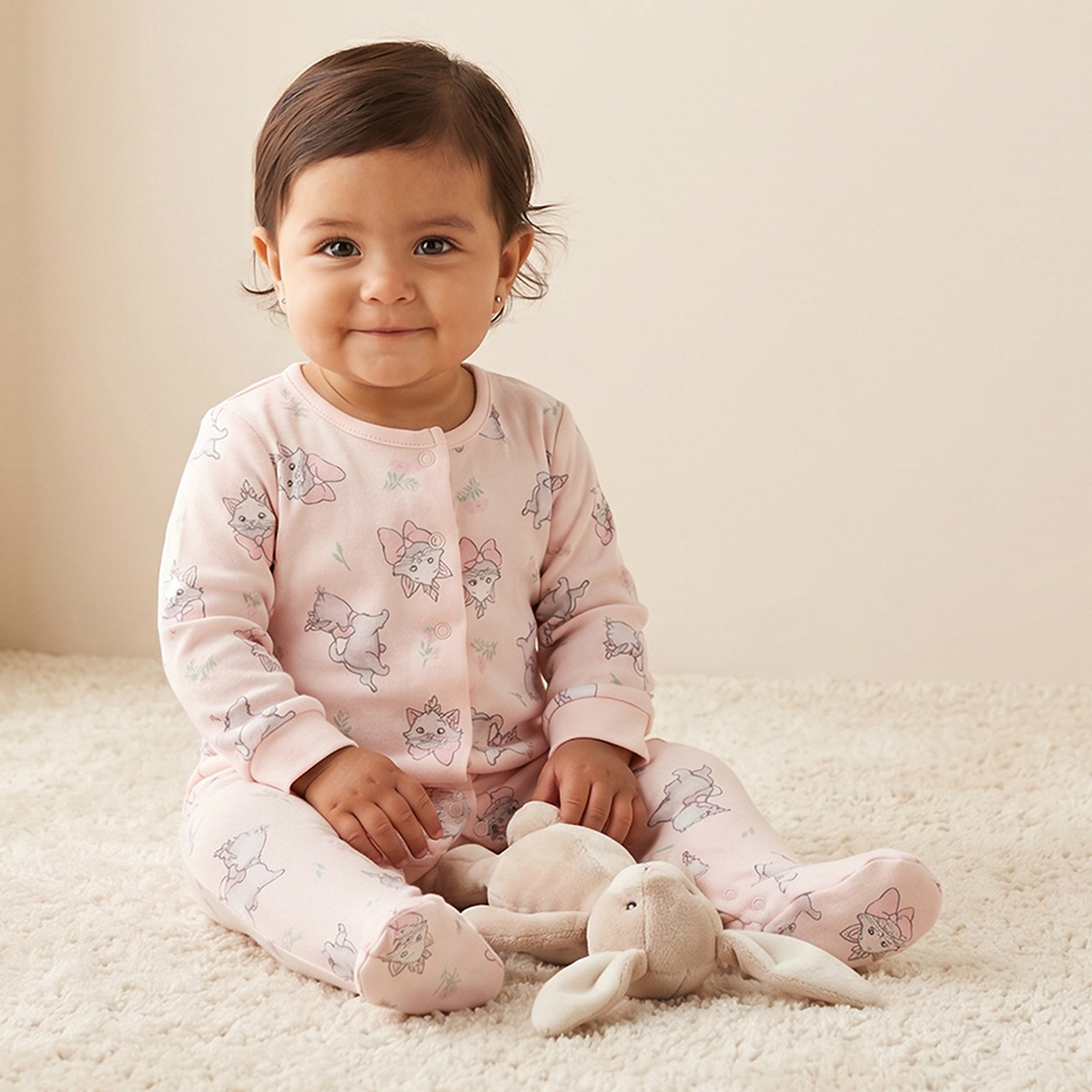 Disney Cotton Crew Neck Long Sleeves Sleepsuit with Marie Print-baby-girls-clothing-nightwear-sleepsuits-image-1