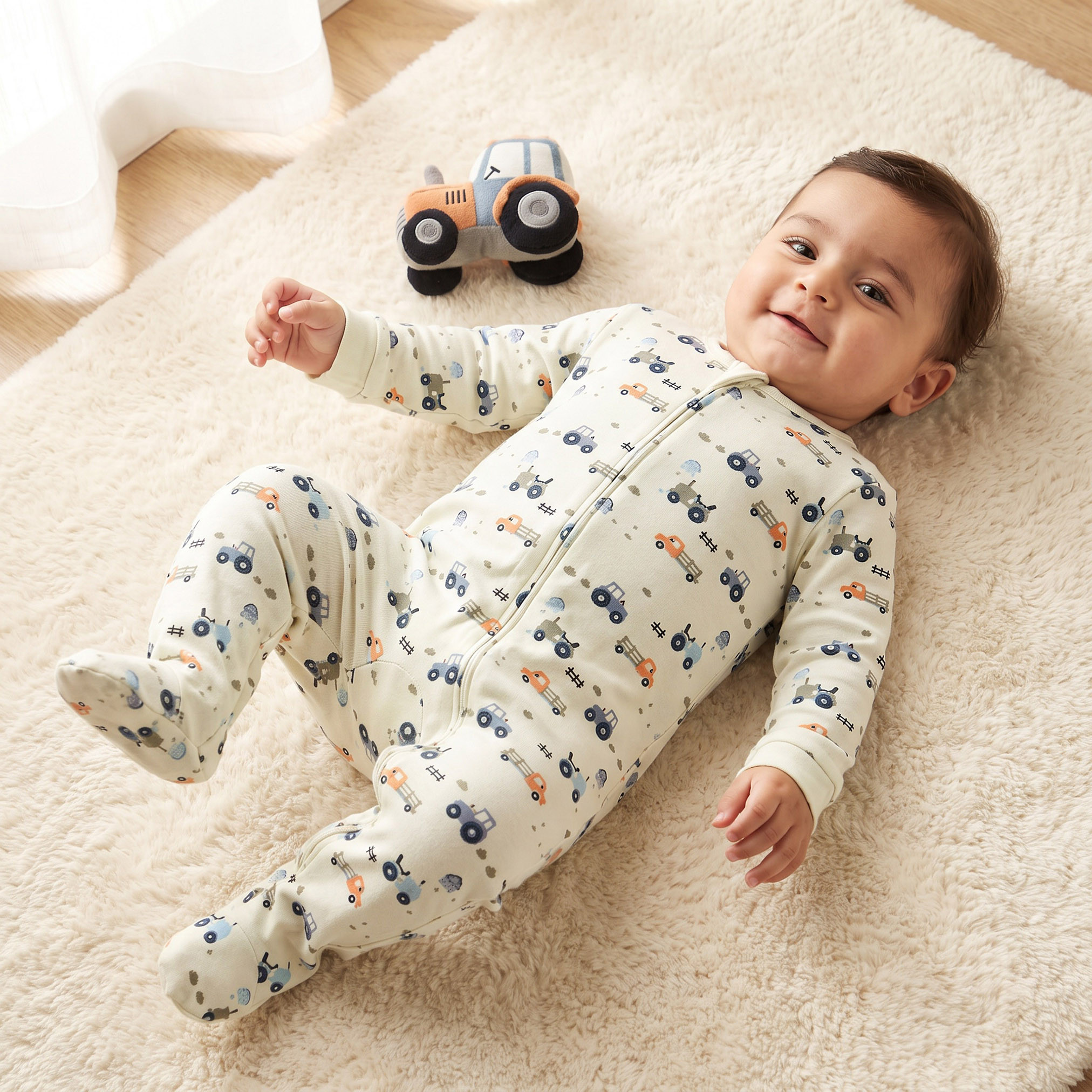 Juniors Round Neck Long Sleeves Sleepsuit with Construction Vehicle Print-baby-boys-clothing-nightwear-sleepsuits-image-1