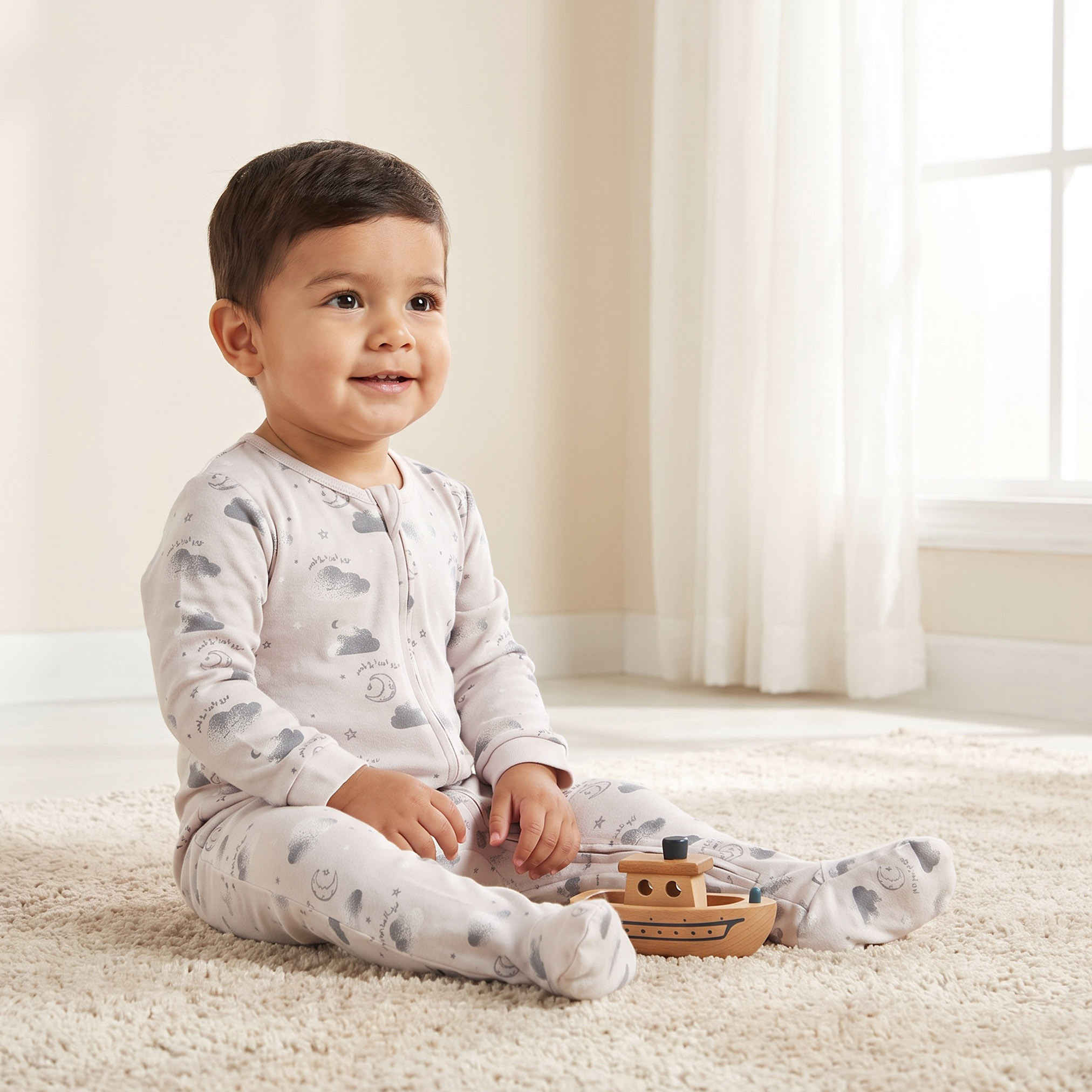 Juniors Cotton Crew Neck Long Sleeves Sleepsuit with Cloud Print-baby-boys-clothing-nightwear-sleepsuits-image-1
