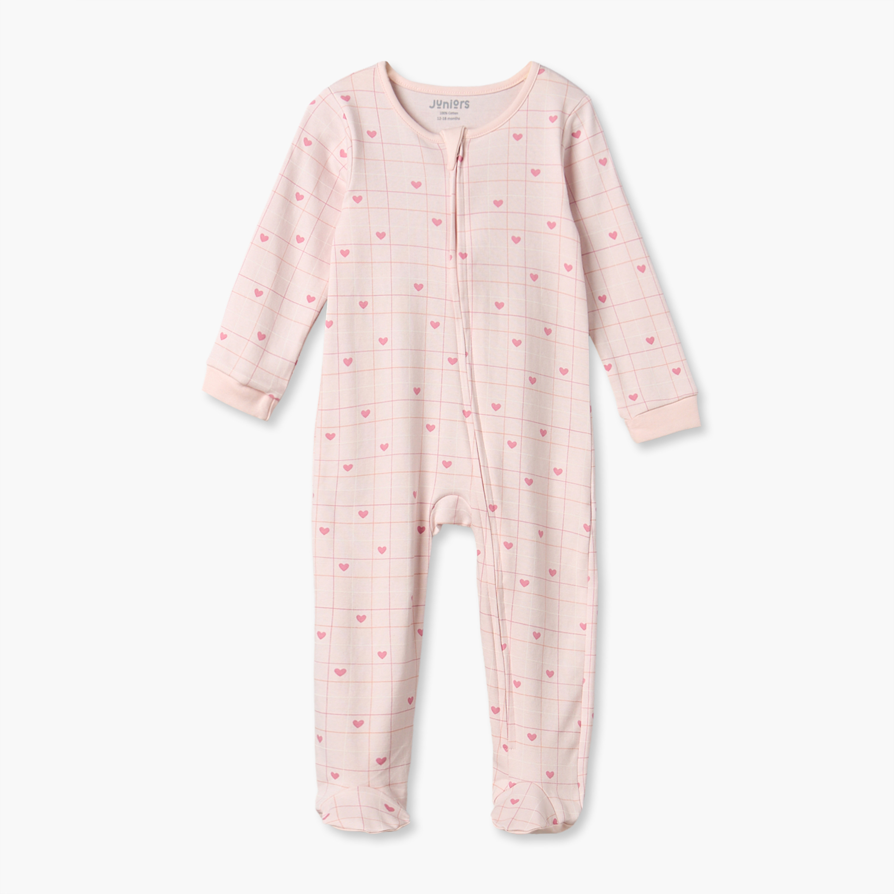 Juniors Cotton Crew Neck Long Sleeves Sleepsuit with Heart Print-baby-girls-clothing-nightwear-sleepsuits-image-2