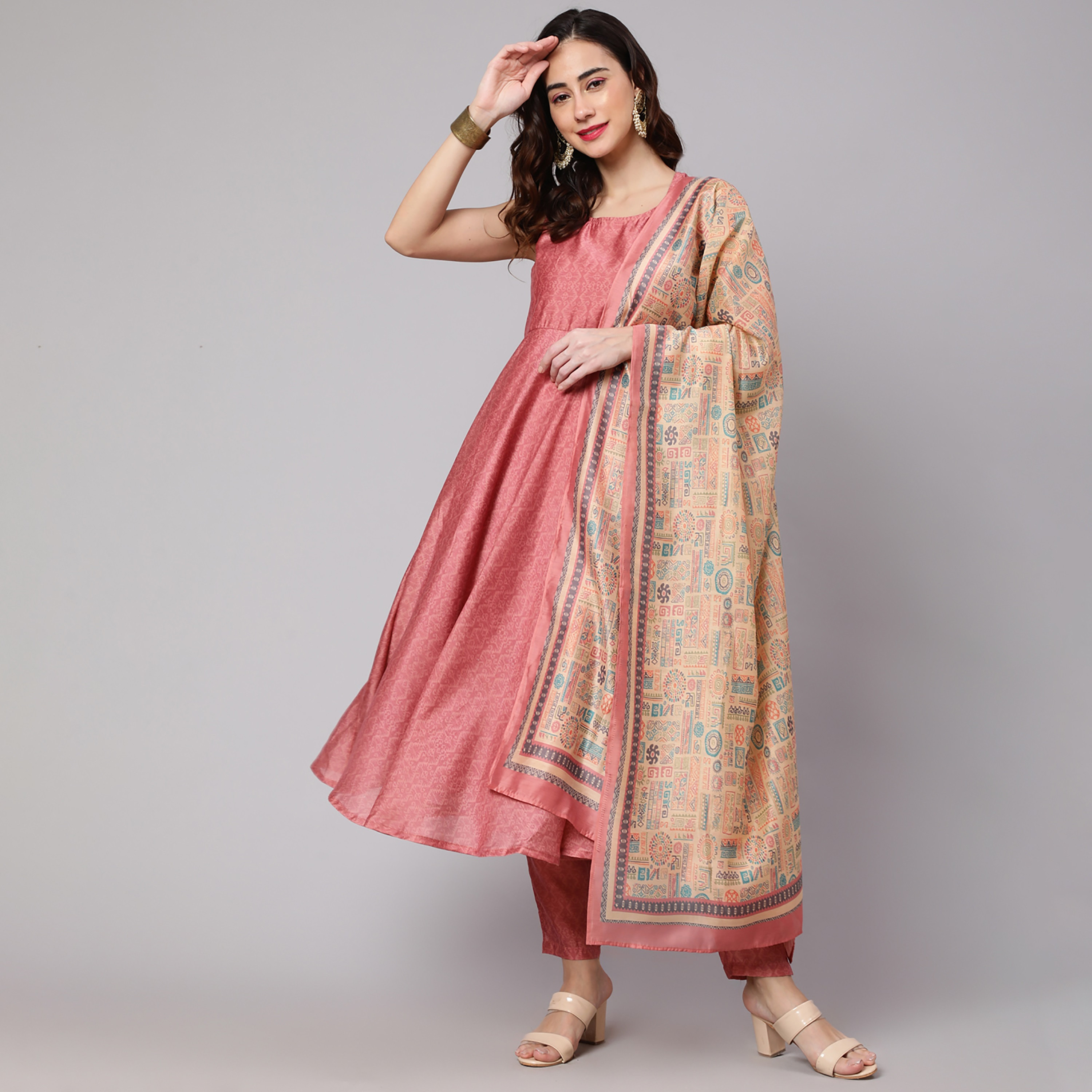 Buy Women s Aks Couture Geometric Printed Round Neck Anarkali Kurta with Printed Pants and Dupatta Online Centrepoint UAE