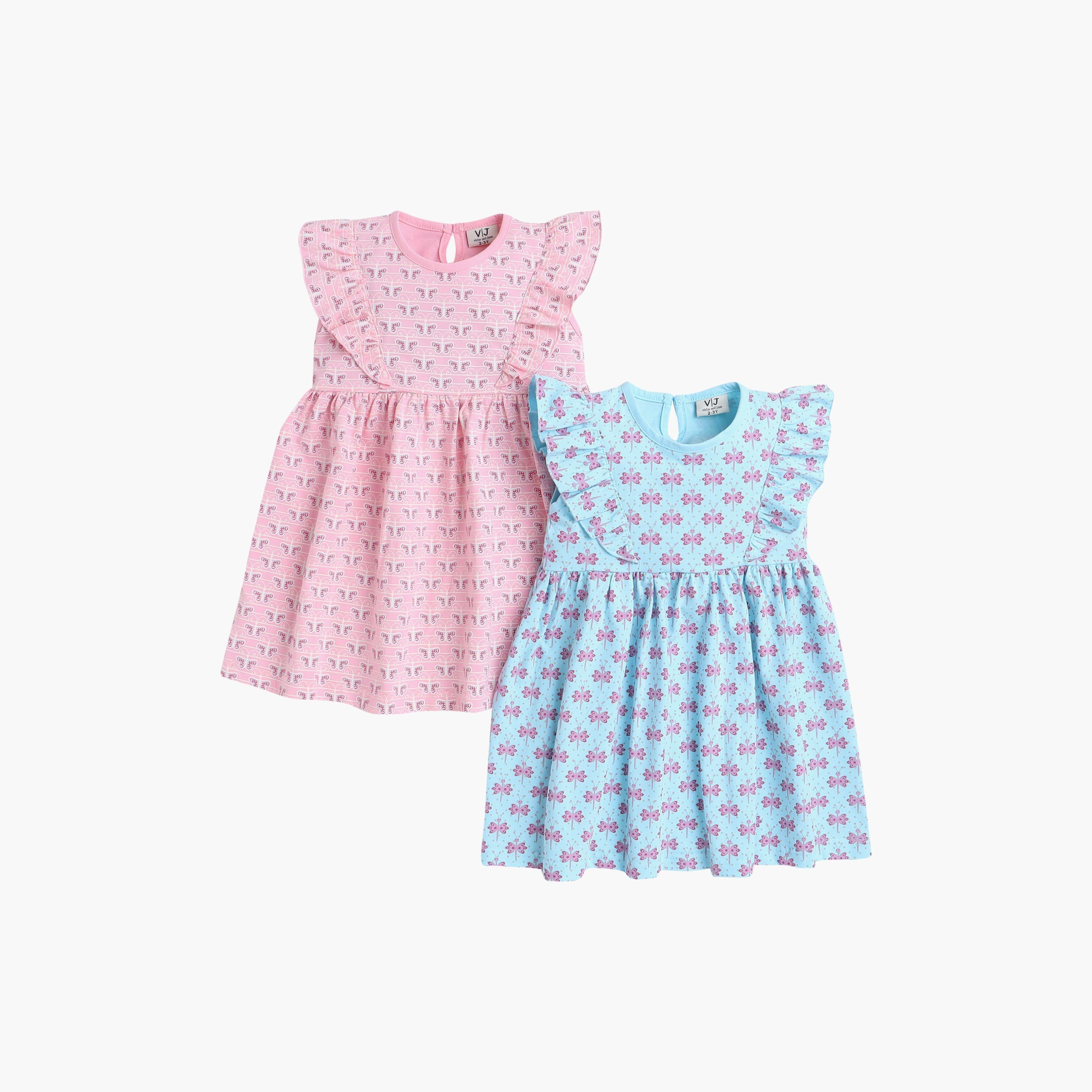 فستانان من قطعتين بطبعة زهور وأكمام قصيرة من فيكتور اند جين-girls-clothing-multipacks-image-1