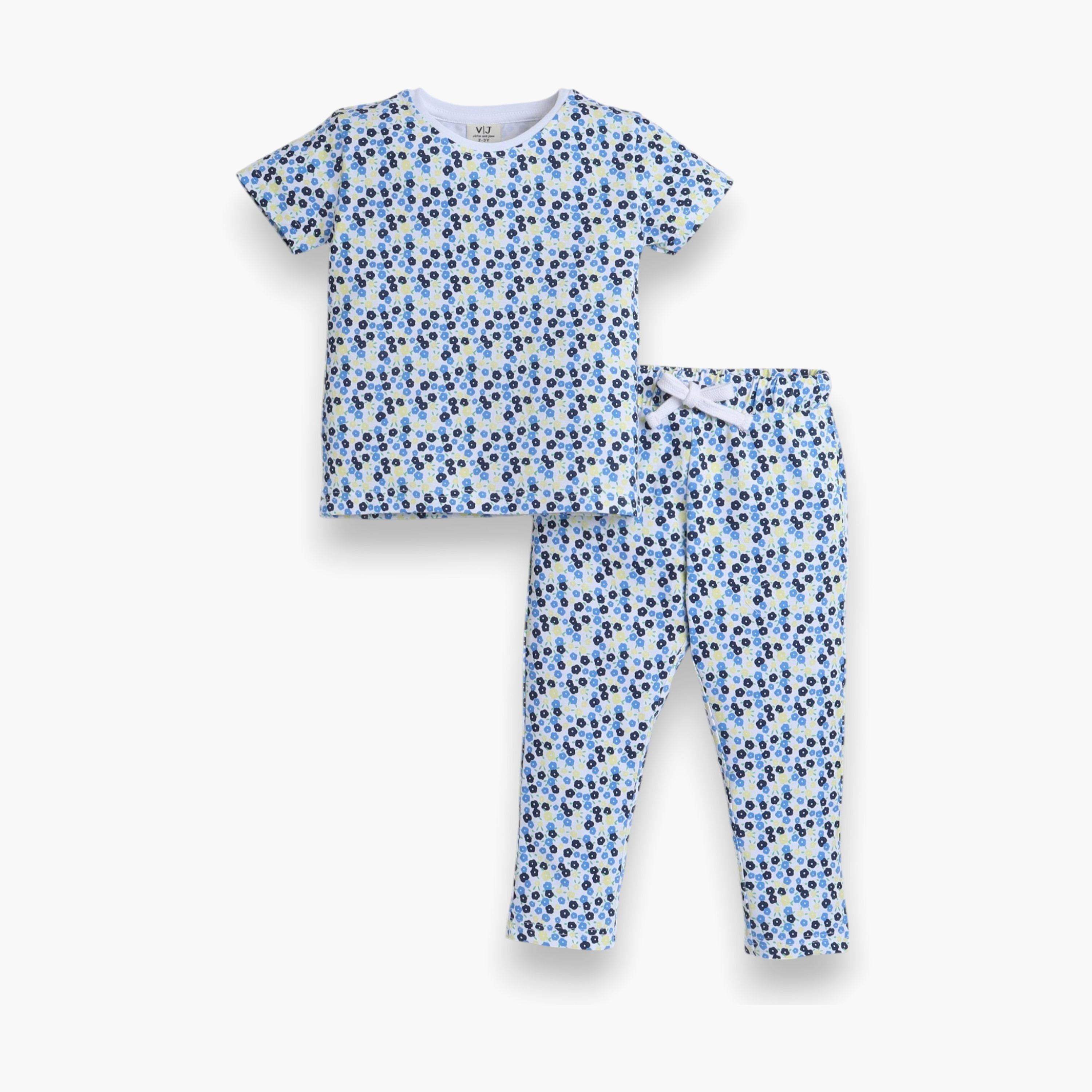 Victor and Jane 2-Piece Floral Printed Short Sleeves T-Shirt with Joggers-girls-clothing-nightwear-image-1