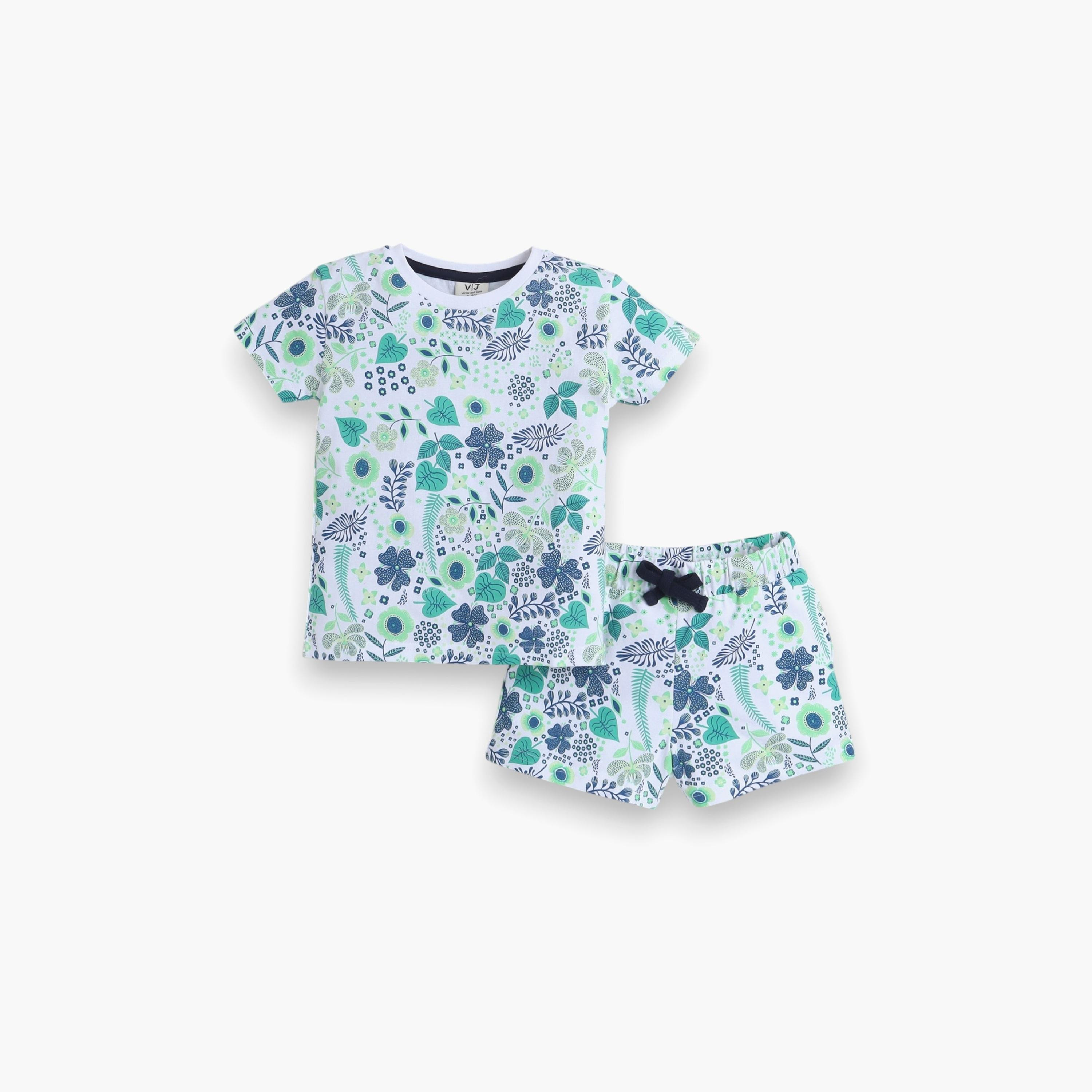تي شيرت مطبوع بأكمام قصيرة مكون من قطعتين مع شورت من فيكتور اند جين-baby-girls-clothing-nightwear-pyjamasets-image-1