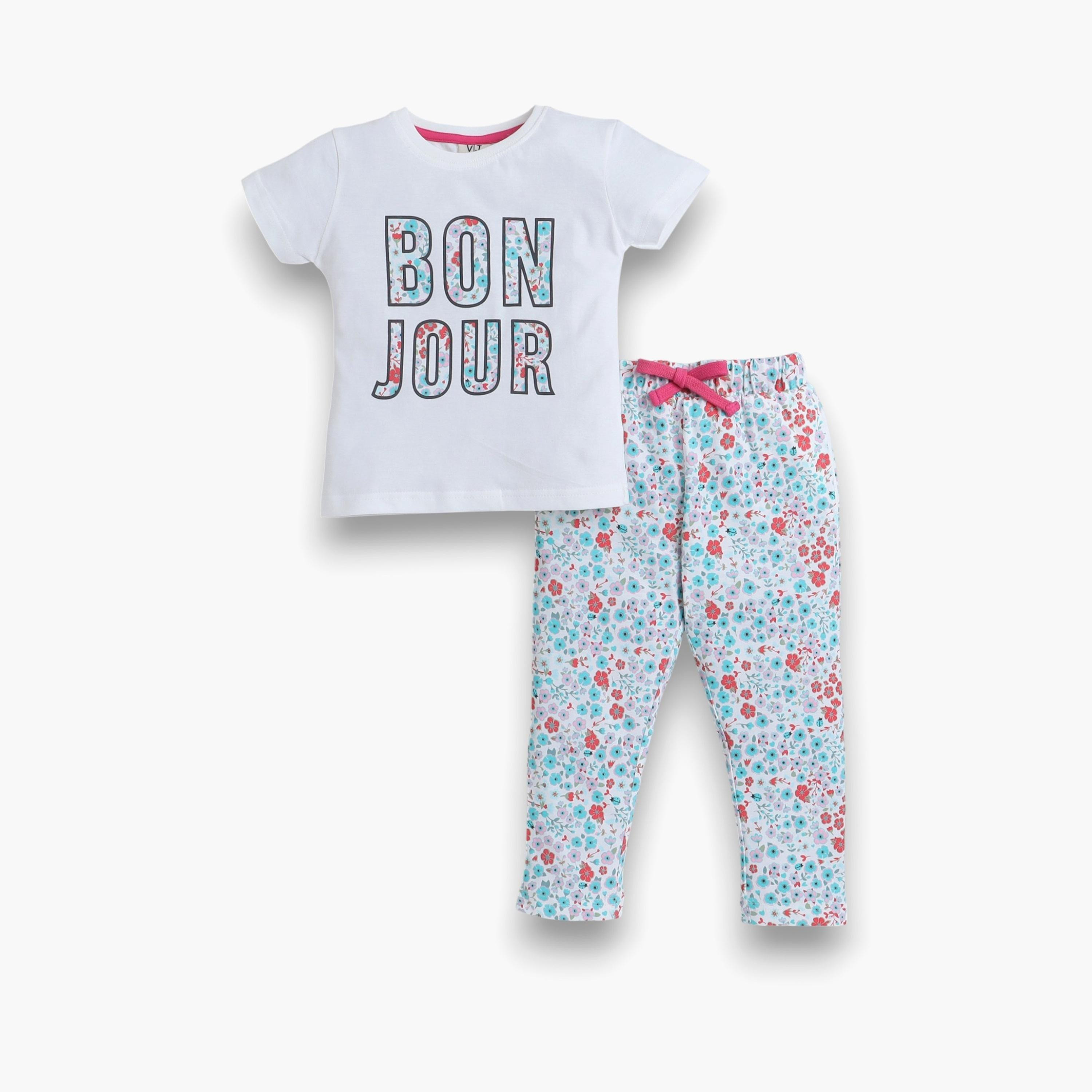 Victor and Jane 2-Piece Floral Printed Short Sleeves T-Shirt with Joggers-girls-clothing-nightwear-image-1