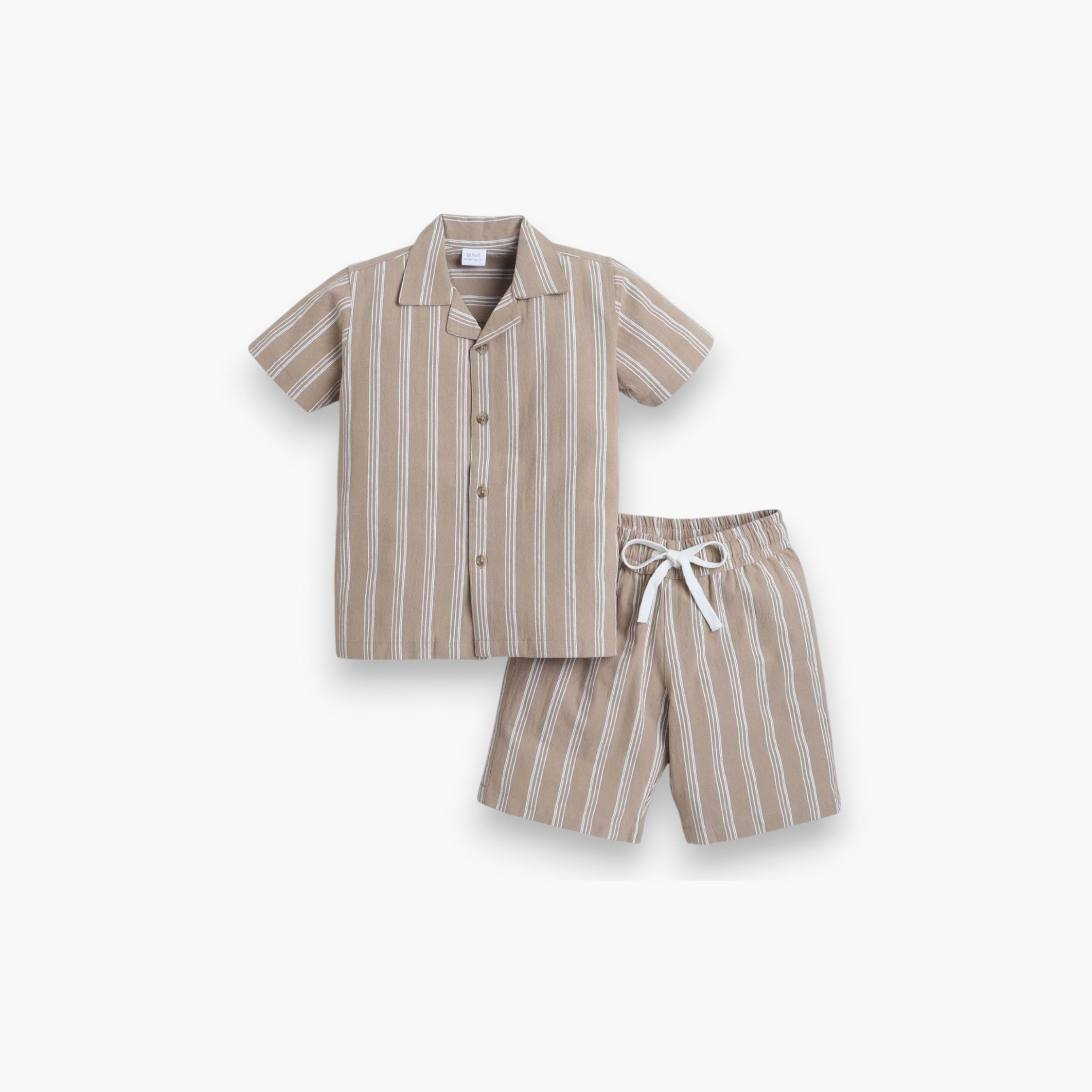 قميص مخطط بأكمام قصيرة مع شورت من قطعتين من فيكتور اند جين-boys-clothing-setsandcoords-image-1