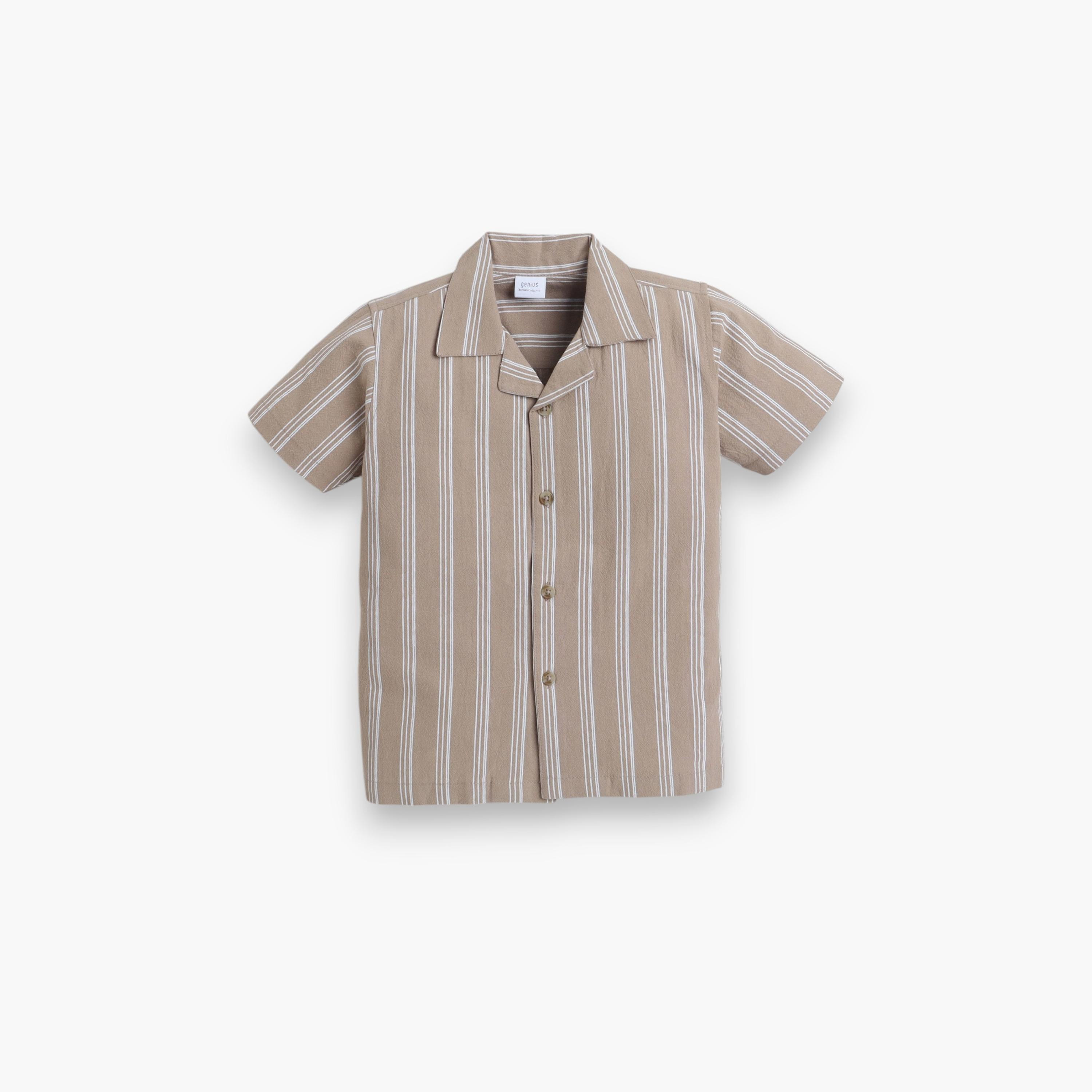 قميص مخطط بأكمام قصيرة مع شورت من قطعتين من فيكتور اند جين-boys-clothing-setsandcoords-image-2