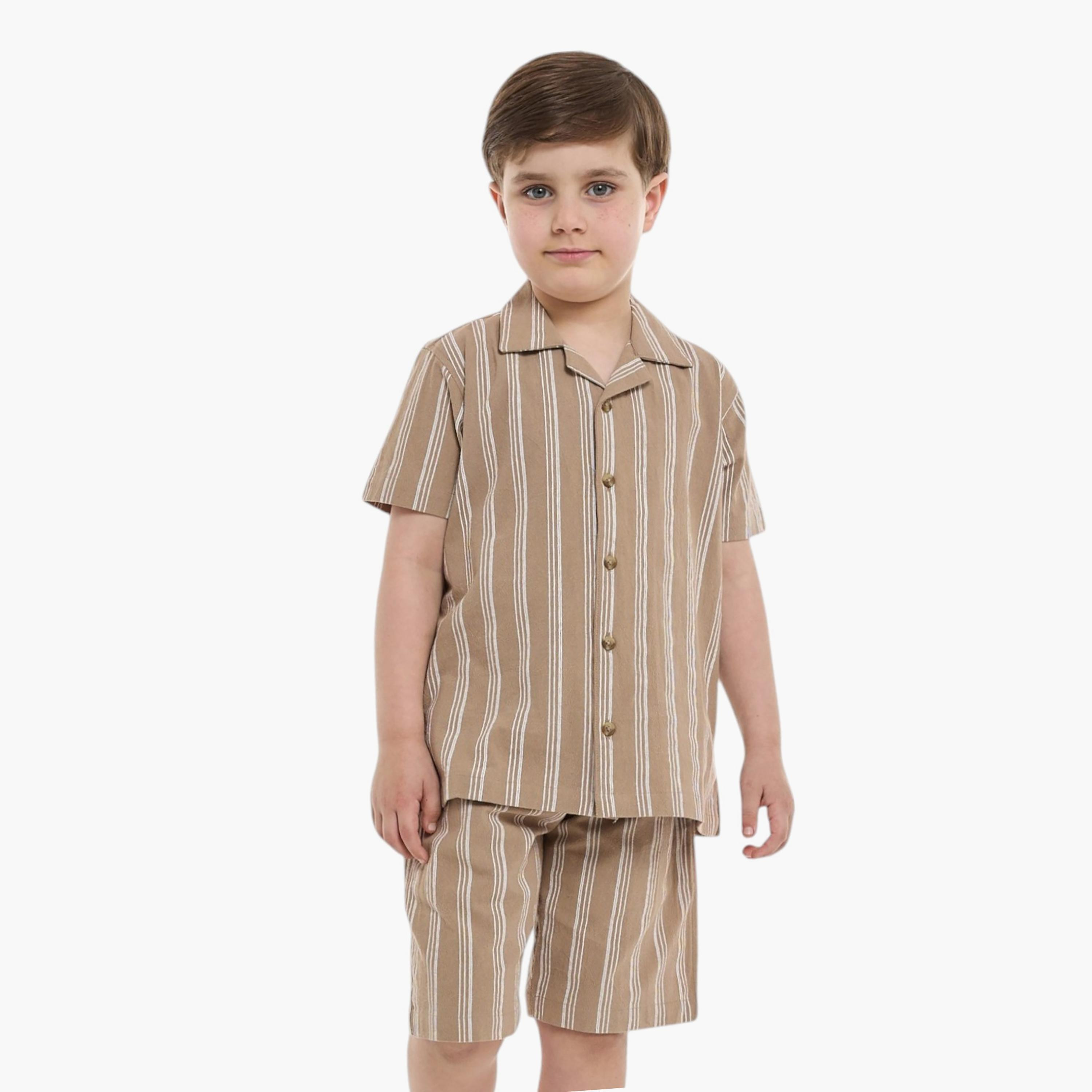 قميص مخطط بأكمام قصيرة مع شورت من قطعتين من فيكتور اند جين-boys-clothing-setsandcoords-image-8