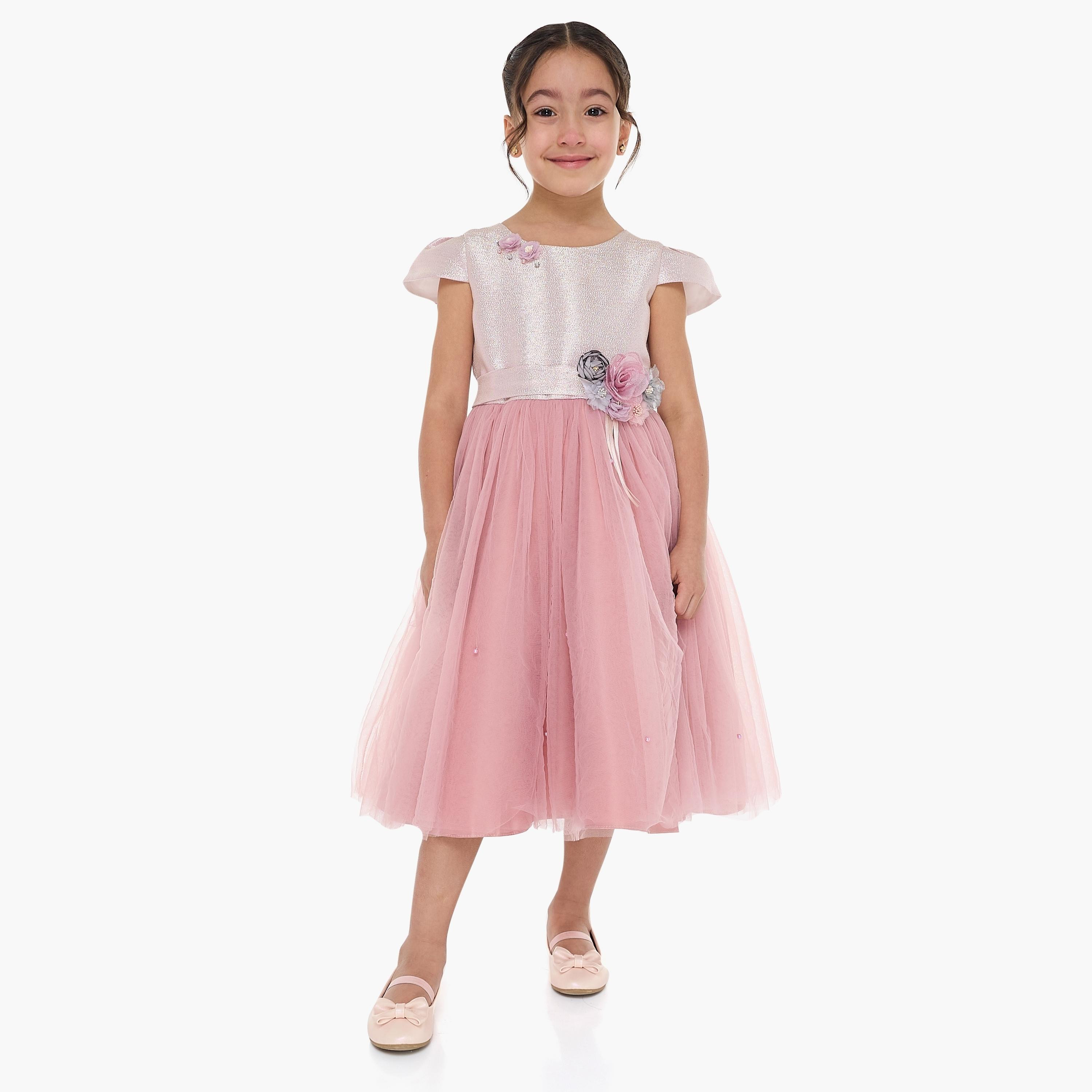 فستان بطبعة زهور وأكمام كاب من فيكتور اند جين-girls-clothing-dressesandjumpsuits-image-2
