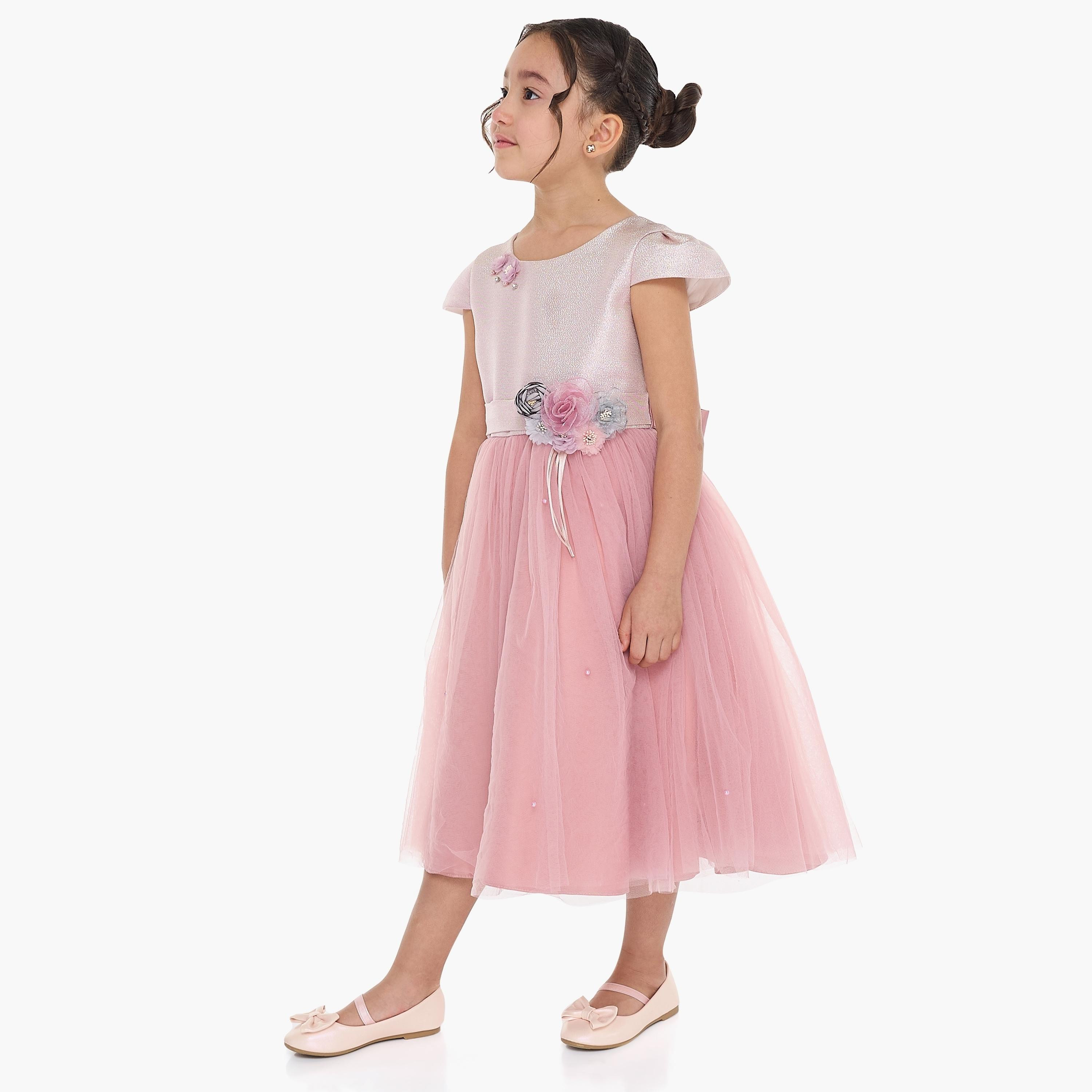فستان بطبعة زهور وأكمام كاب من فيكتور اند جين-girls-clothing-dressesandjumpsuits-image-3