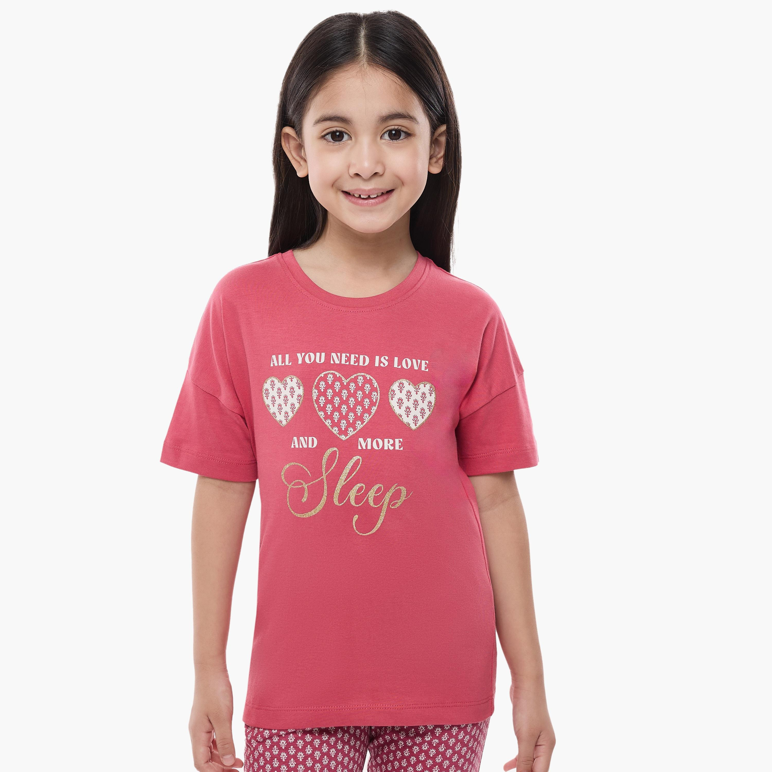 تي شيرت مطبوع بأكمام قصيرة مع بيجاما من قطعتين من فيكتور اند جين-baby-girls-clothing-nightwear-pyjamasets-image-3