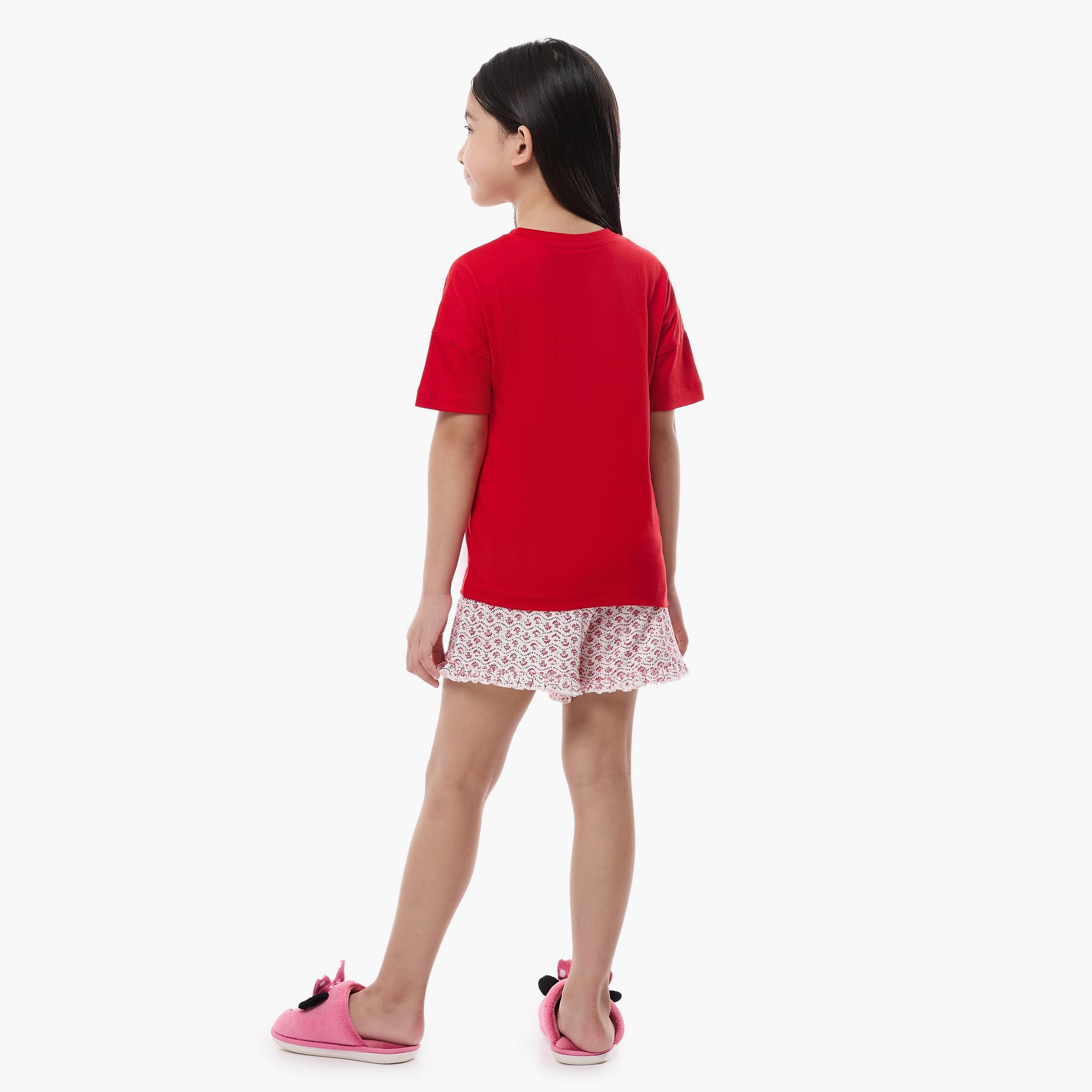 تي شيرت مطبوع بأكمام قصيرة مع شورت من قطعتين من فيكتور اند جين-girls-clothing-nightwear-image-2