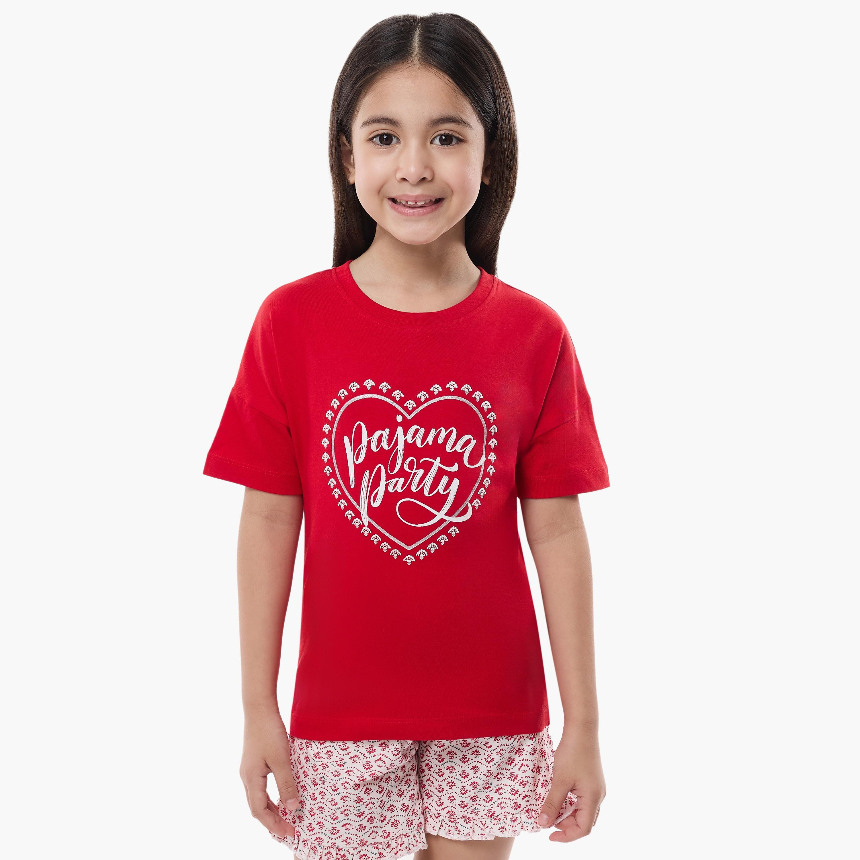 تي شيرت مطبوع بأكمام قصيرة مع شورت من قطعتين من فيكتور اند جين-girls-clothing-nightwear-image-3