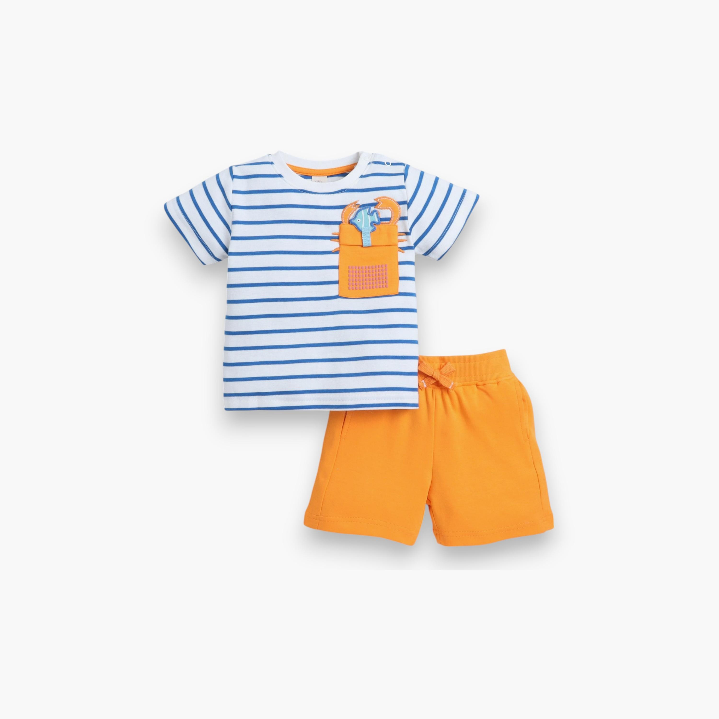 تي شيرت مخطط بأكمام قصيرة مع شورت من قطعتين من فيكتور اند جين-baby-boys-clothing-setsandcoords-image-1