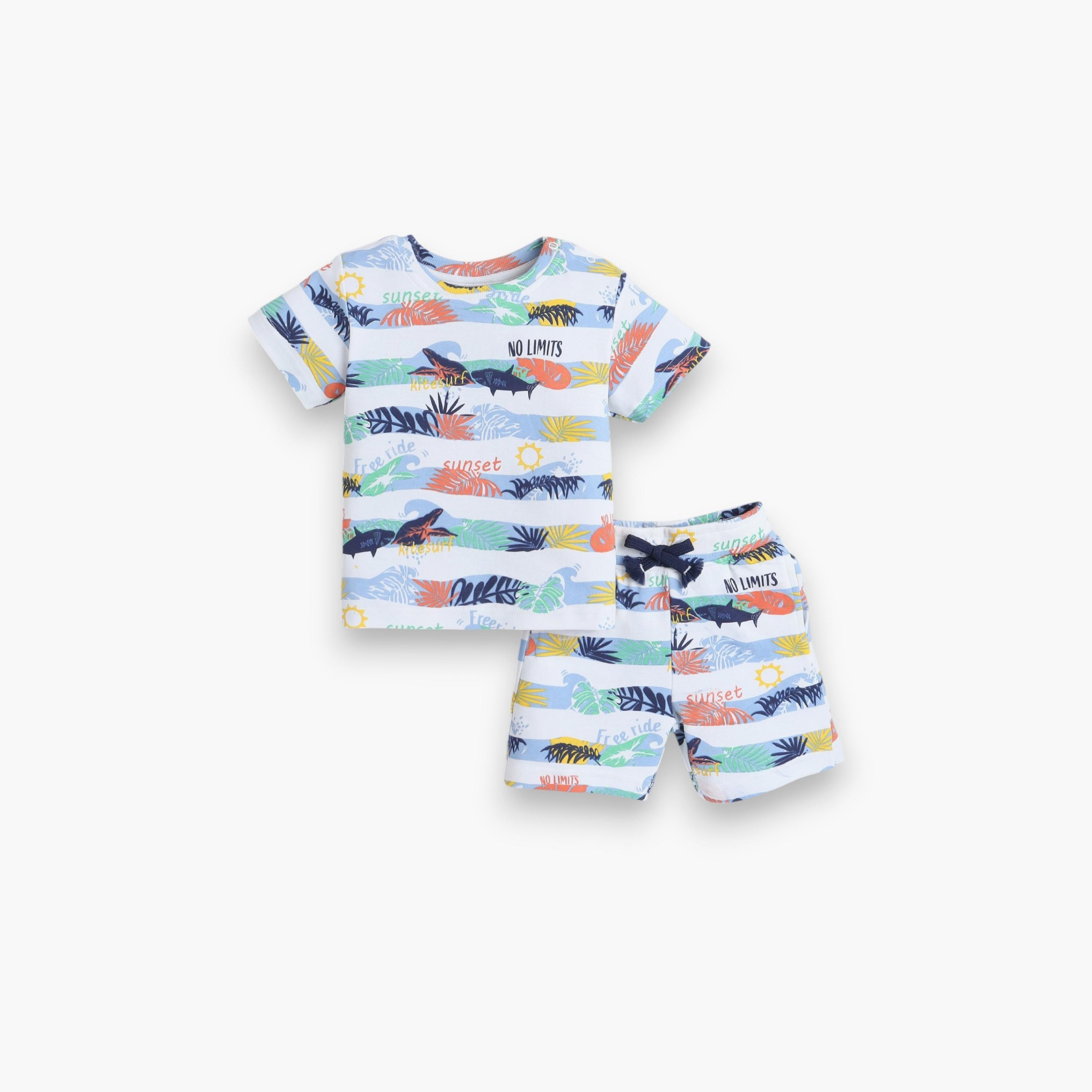 تي شيرت مخطط بأكمام قصيرة مع شورت من قطعتين من فيكتور اند جين-baby-boys-clothing-setsandcoords-image-1