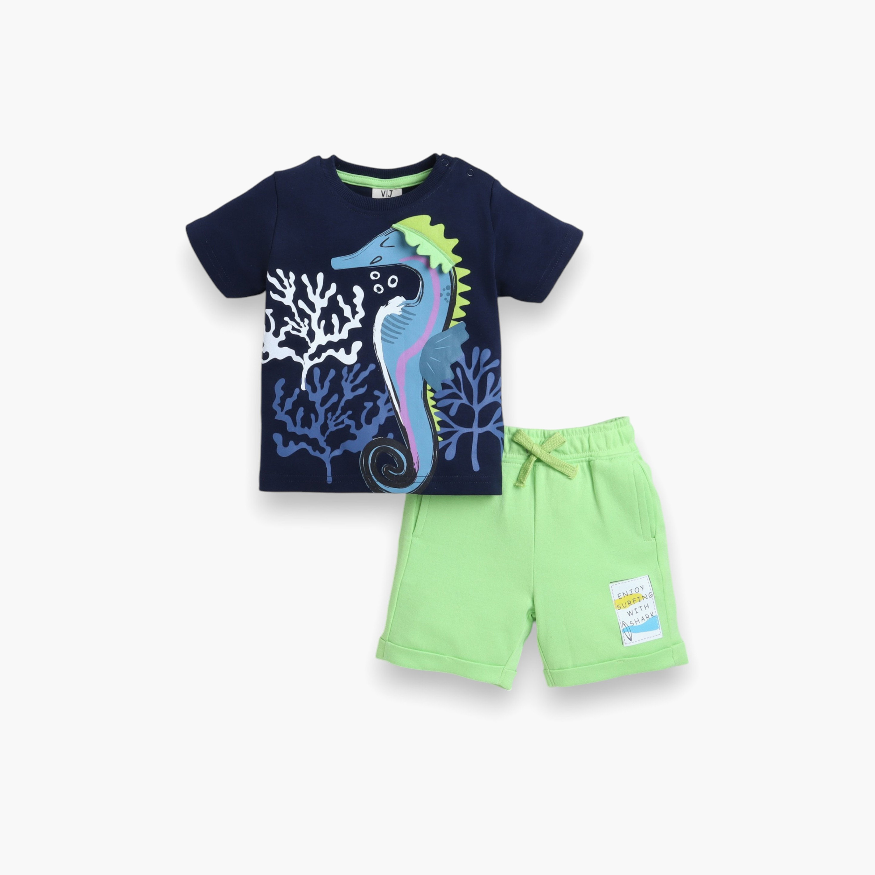 طقم تي شيرت وشورت بطبعة حصان البحر من فيكتور آند جين - أزرق داكن وأخضر نيون-baby-boys-clothing-setsandcoords-image-1