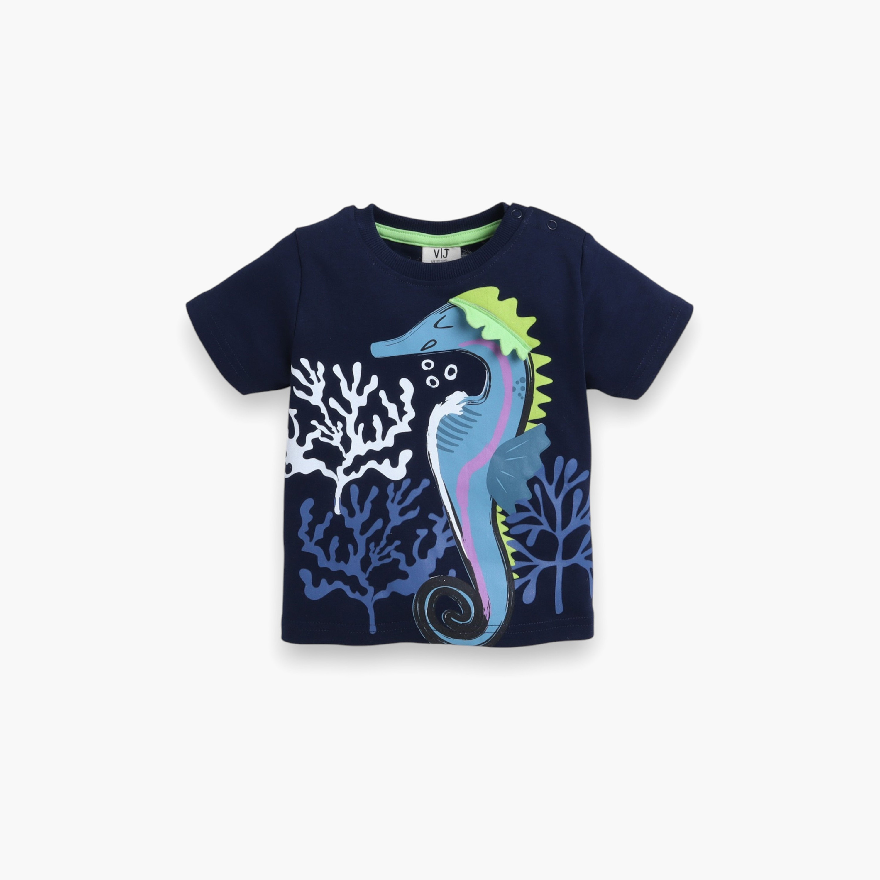 طقم تي شيرت وشورت بطبعة حصان البحر من فيكتور آند جين - أزرق داكن وأخضر نيون-baby-boys-clothing-setsandcoords-image-3