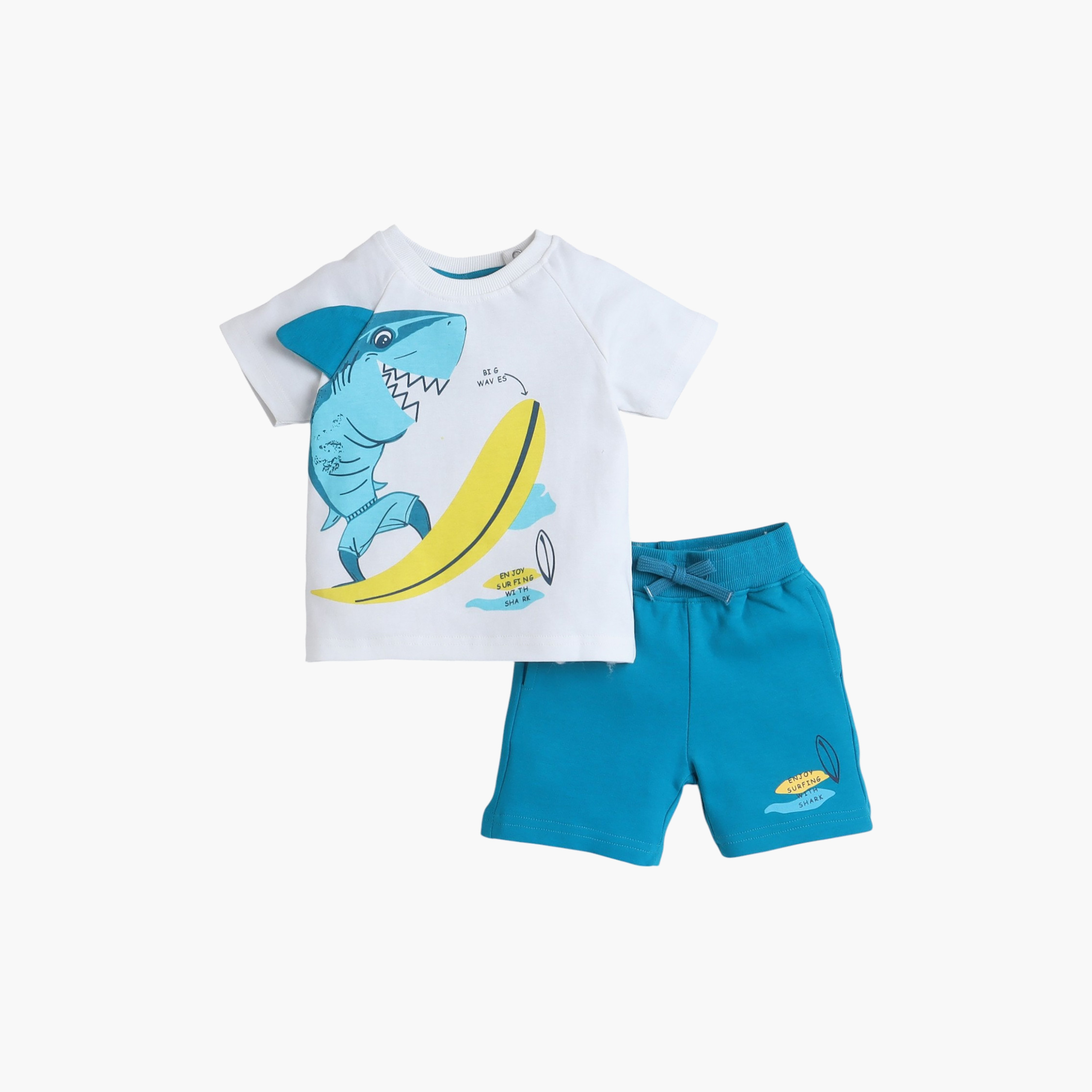 Victor and Jane Shark Surfing Printed T-Shirt & Shorts Set - Off White & Blue-baby-boys-clothing-setsandcoords-image-1