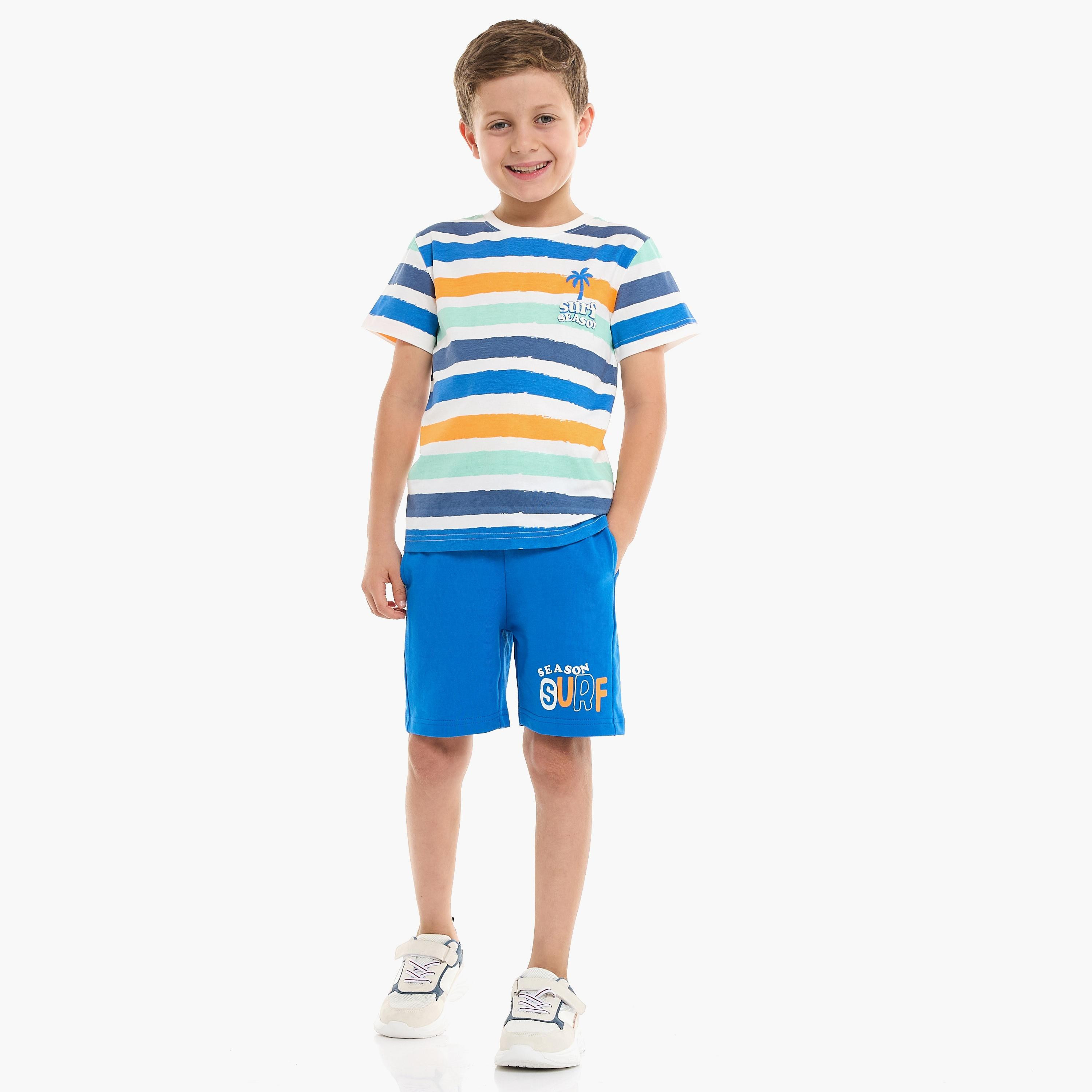 تي شيرت مخطط بأكمام قصيرة مع شورت من قطعتين من فيكتور اند جين-boys-clothing-setsandcoords-image-1