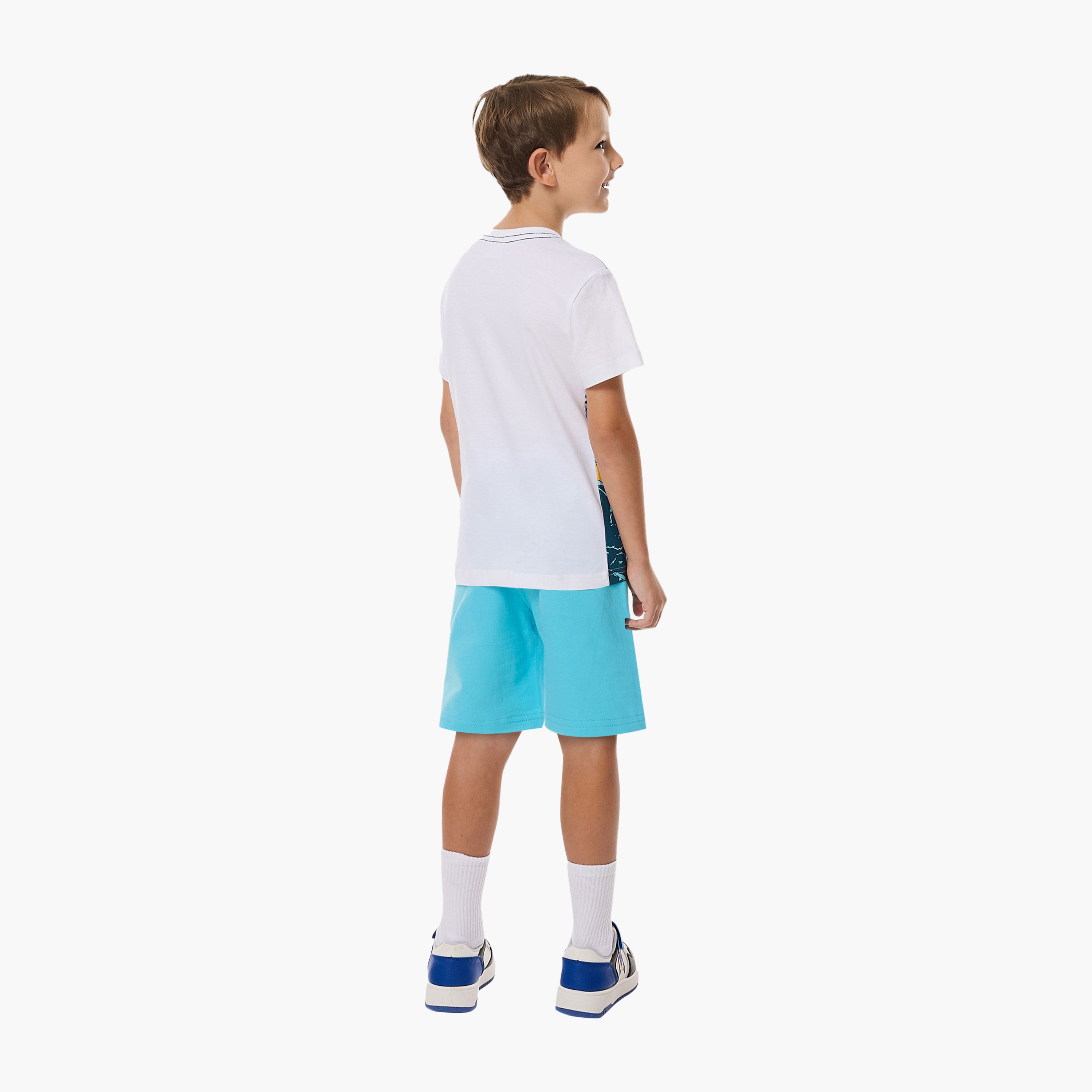 Victor and Jane Dinosaur Printed T-Shirt & Shorts Set - White & Blue-boys-clothing-setsandcoords-image-2