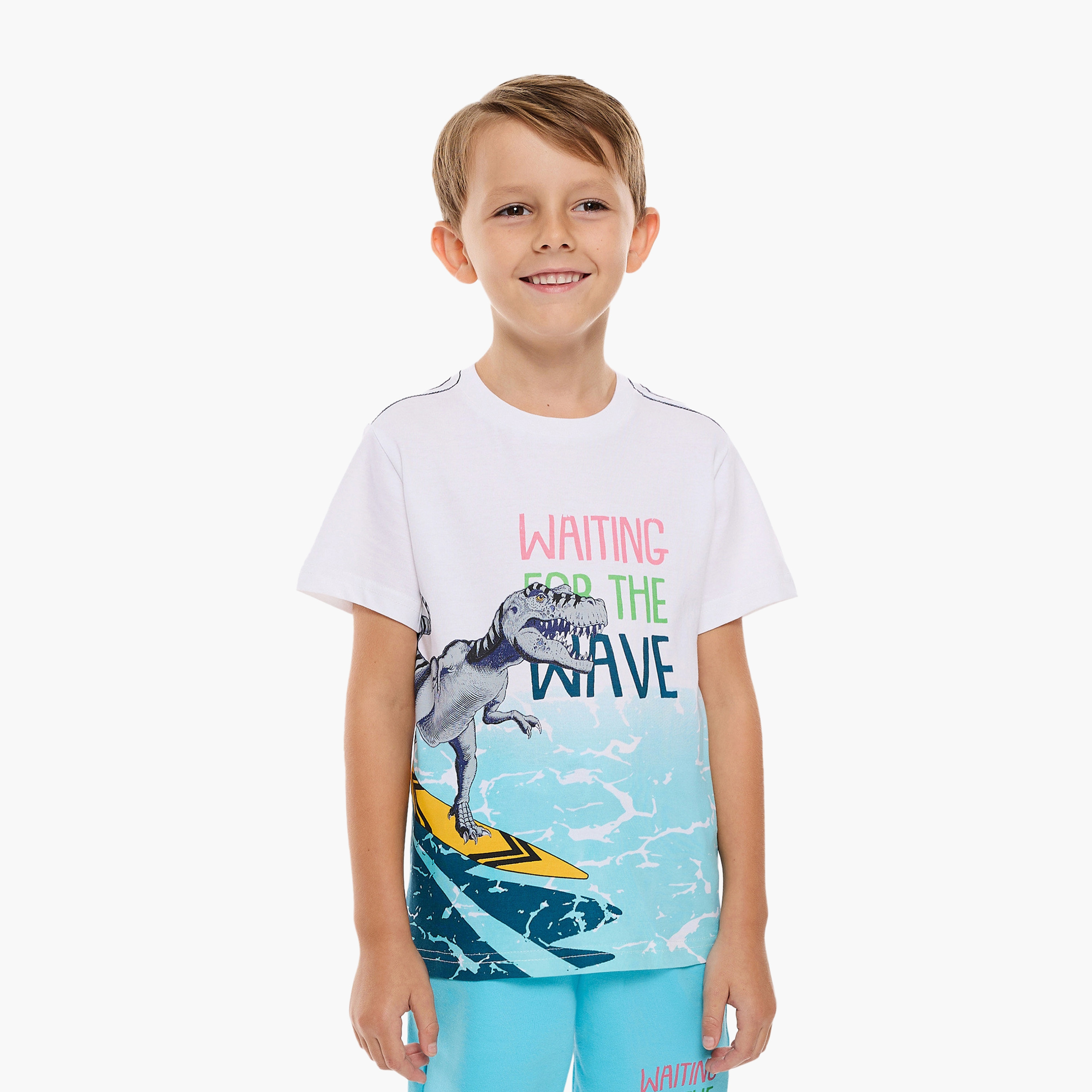 Victor and Jane Dinosaur Printed T-Shirt & Shorts Set - White & Blue-boys-clothing-setsandcoords-image-3