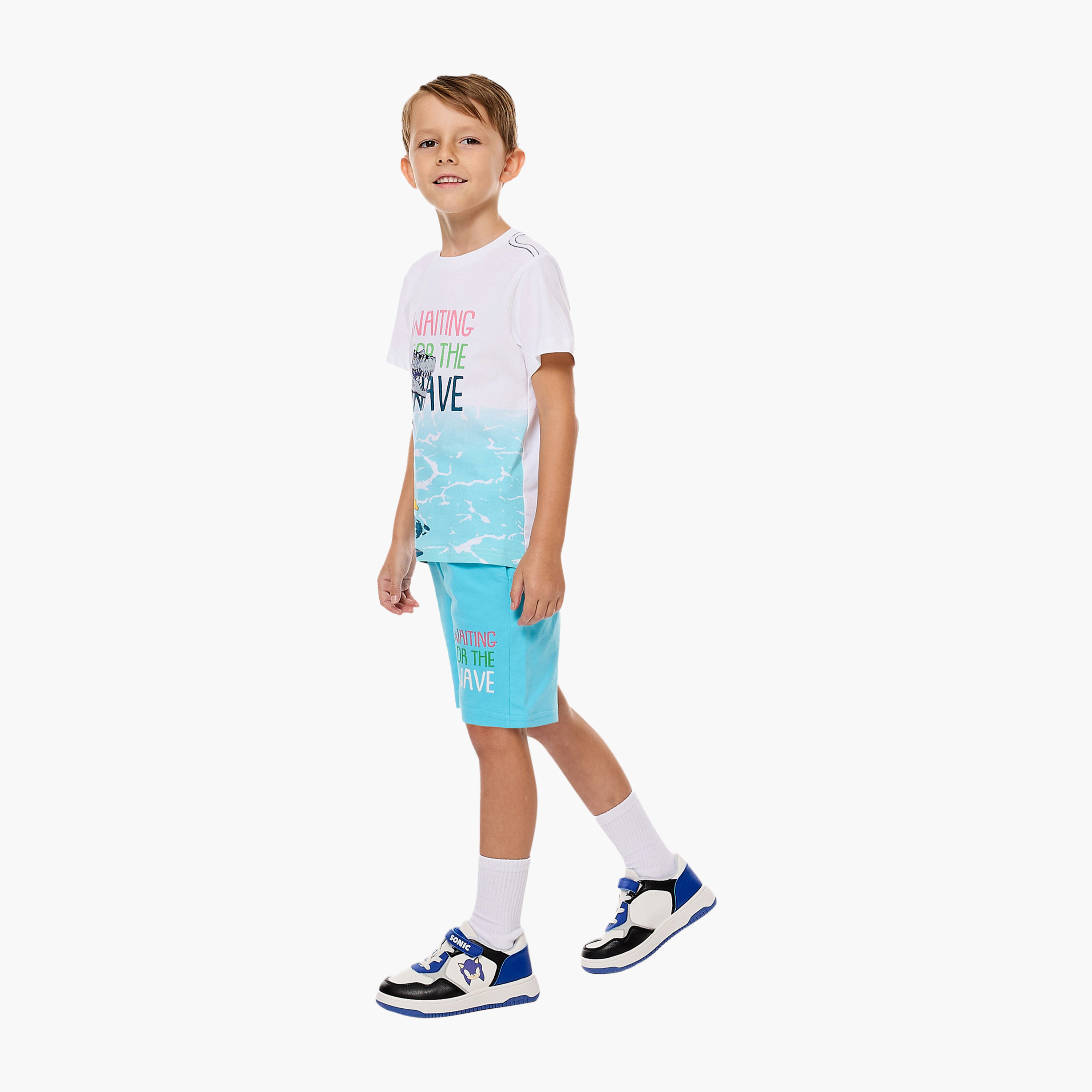 Victor and Jane Dinosaur Printed T-Shirt & Shorts Set - White & Blue-boys-clothing-setsandcoords-image-5