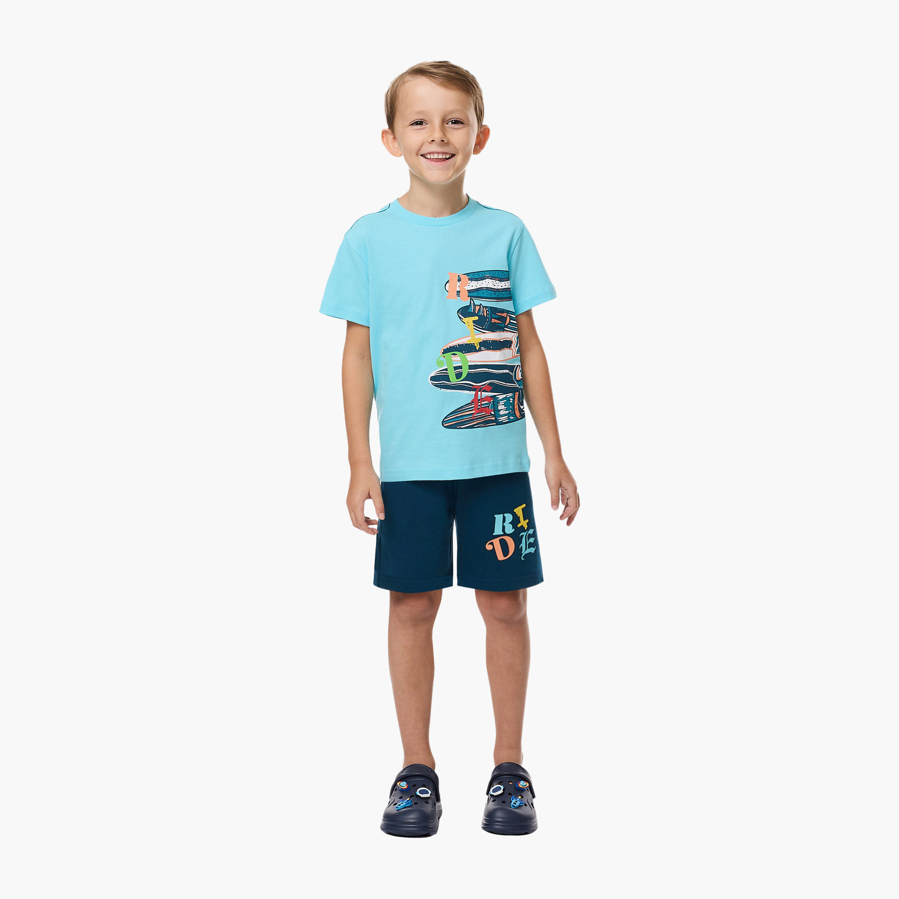 Victor and Jane Skateboard Printed T-Shirt & Shorts Set - Blue-boys-clothing-setsandcoords-image-1
